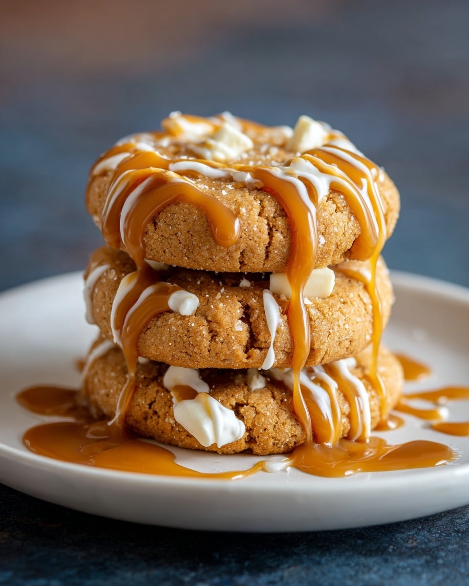 A stack of three chewy cookies sits on a white plate, each cookie golden-brown with a rough texture and bits of white chocolate chips peeking through. The top cookie is drizzled with thick caramel sauce in loose zigzags, with small grains of sea salt sprinkled over it. More caramel sauce pools on the plate around the cookies, creating a warm, inviting look. The plate rests on a dark surface but the background features a white marbled texture. photo taken with an iphone --ar 4:5 --v 7