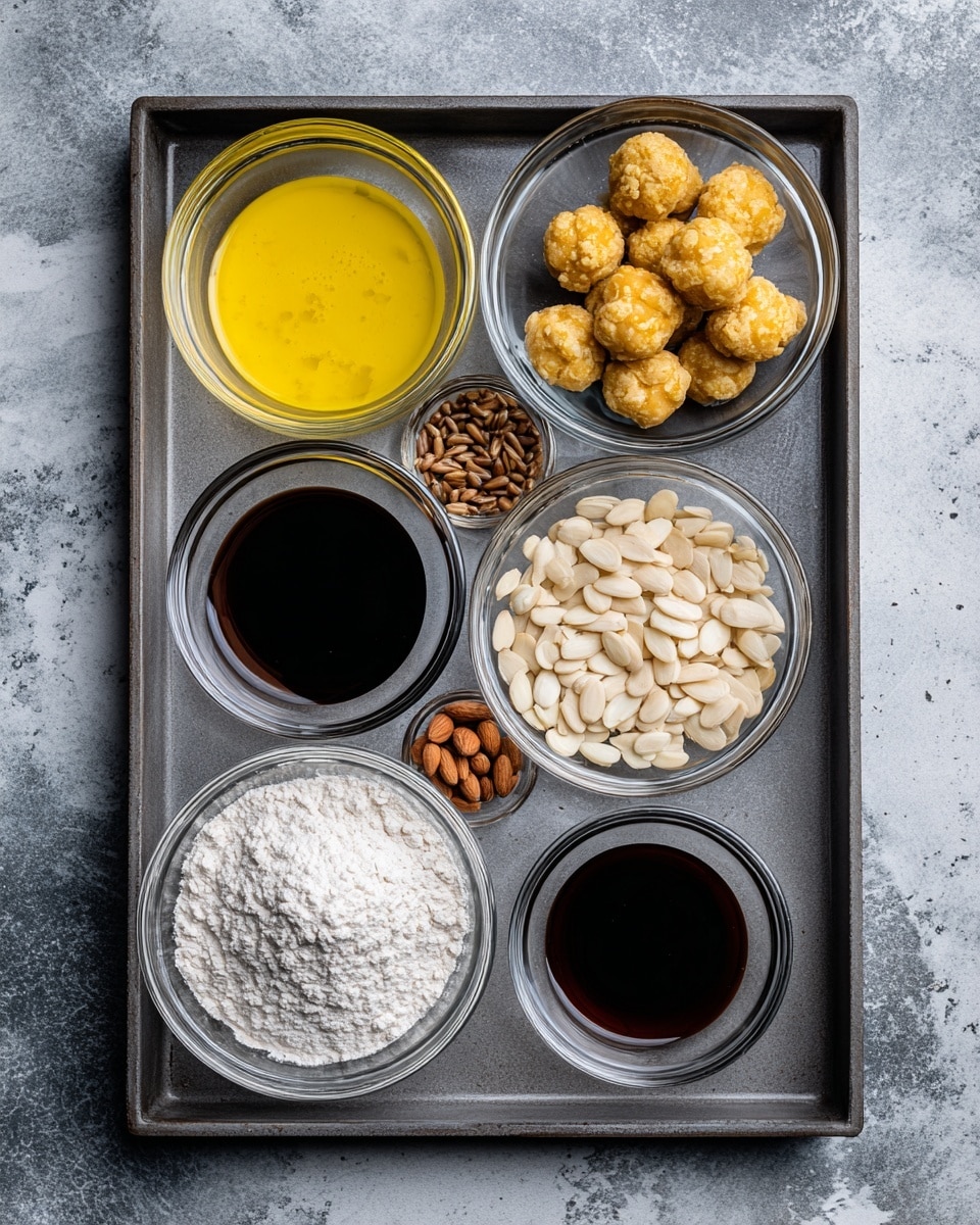 The image shows seven small clear glass bowls arranged on a dark grey tray with a white marbled texture beneath. The top row has a bowl with yellow melted butter on the left, a small bowl of dark brown liquid in the center, and light brown toasted sunflower seeds on the right. The middle row has a larger bowl filled with white flour on the left and a bowl filled with nine round yellow balls covered in crushed white nuts on the right. The bottom row has a bowl filled with pale beige slivered nuts on the left and a bowl of dark brown liquid on the right. The bowls are evenly spaced and the overall look is neat and organized. The photo taken with an iphone --ar 4:5 --v 7
