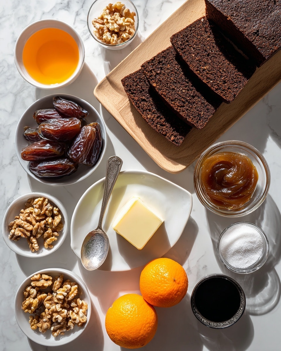 The image shows a flat layout of various food items and ingredients on a white marbled surface. There are three slices of dark brown cake with a rough texture placed on a light wooden board at the top right. Below and around the board are small bowls and plates: a bowl with orange liquid, a bowl of dark red dates, a bowl with shiny light brown caramel-like spread, a small glass bowl with white sugar, a small white plate holding a block of light yellow butter with a small silver spoon, a bowl of walnuts, two small bright orange tangerines, and a bowl with dark black liquid. The mix presents a contrast of colors and textures, arranged neatly without overlap. photo taken with an iphone --ar 4:5 --v 7