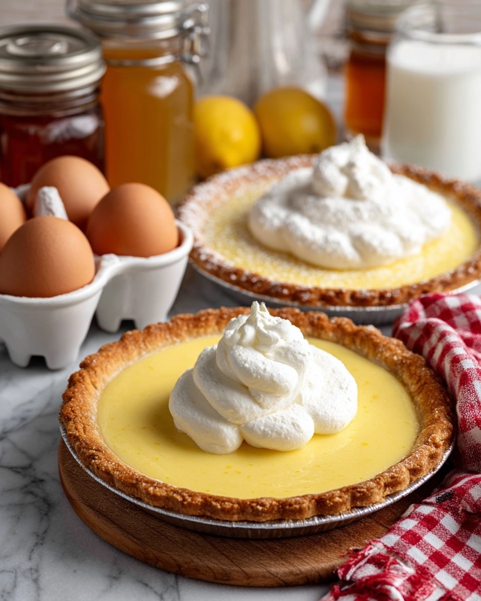 The image shows a lemon custard pie with a golden-brown crust and a smooth yellow filling, topped with a large dollop of white whipped cream on one side. The pie is placed on a wooden surface next to a white egg carton containing six brown eggs and a glass of water. In the background, there is a second lemon custard pie on a white marbled surface, with powdered sugar lightly dusted on top and a smaller amount of whipped cream. Surrounding the pies are jars and bottles of ingredients, including honey and lemon juice, all set on a white marbled surface with a red and white checkered cloth partially visible. photo taken with an iphone --ar 4:5 --v 7