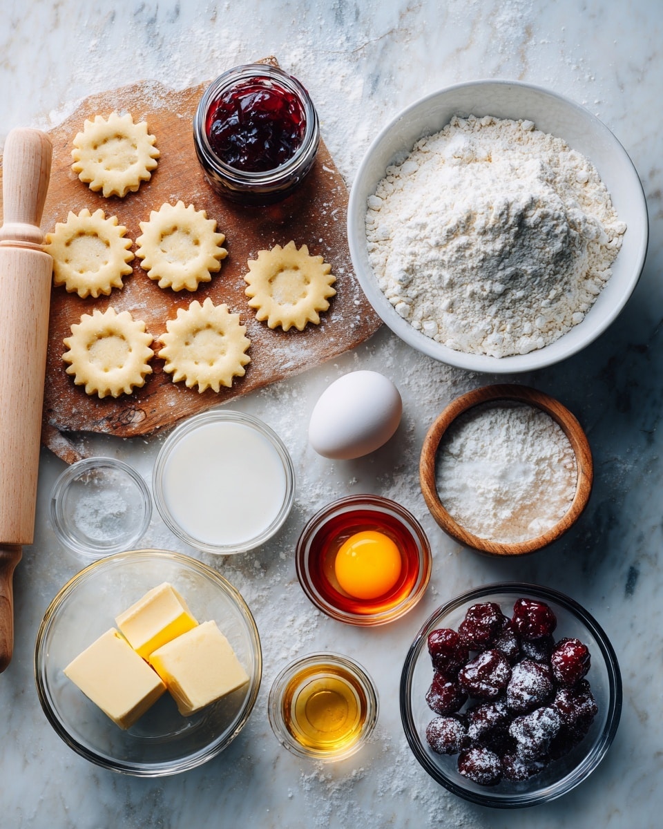 The image shows two side-by-side overhead views of baking ingredients arranged neatly. On the left side, there are nine round cookie dough pieces with scalloped edges and cut-out centers placed on a wooden surface. Below them, there is a rolling pin, a jar of dark red jam, a glass with milk, a clear glass with honey, a whole white egg, a small wooden bowl with a square of butter, and a small glass cup with amber liquid. On the right side, white marbled surface holds a large white bowl full of flour at the top right, a smaller white bowl with baking powder or similar powder below it, a clear bowl with flour and raw egg yolk on the bottom right, a small glass with amber liquid on top left, and a glass bowl of dark red berries or cherries sprinkled with powdered sugar near the bottom center. photo taken with an iphone --ar 4:5 --v 7