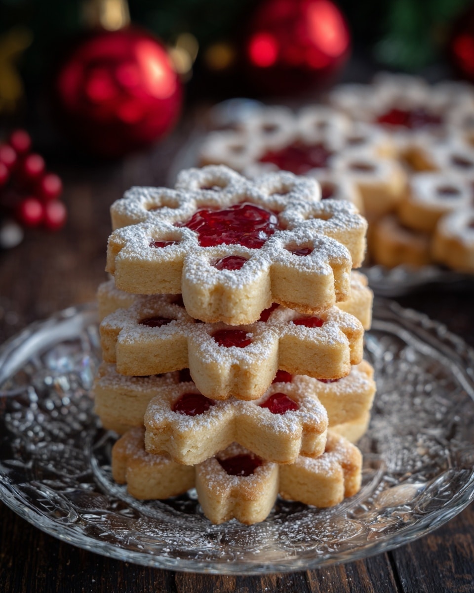 A stack of round flower-shaped cookies is arranged on a clear glass plate with a detailed edge, placed on a white marbled surface. Each cookie has two layers: the bottom layer is a solid light golden brown, and the top layer is a matching shaped cookie with a flower cutout filled with shiny red jam. The top cookies are dusted with white powdered sugar, adding a soft texture and contrast. The stack is tall and slightly leaning, with a few cookies laid flat next to the stack. The background contains blurred red Christmas ornaments and green pine branches, enhancing the festive feel. Photo taken with an iphone --ar 4:5 --v 7