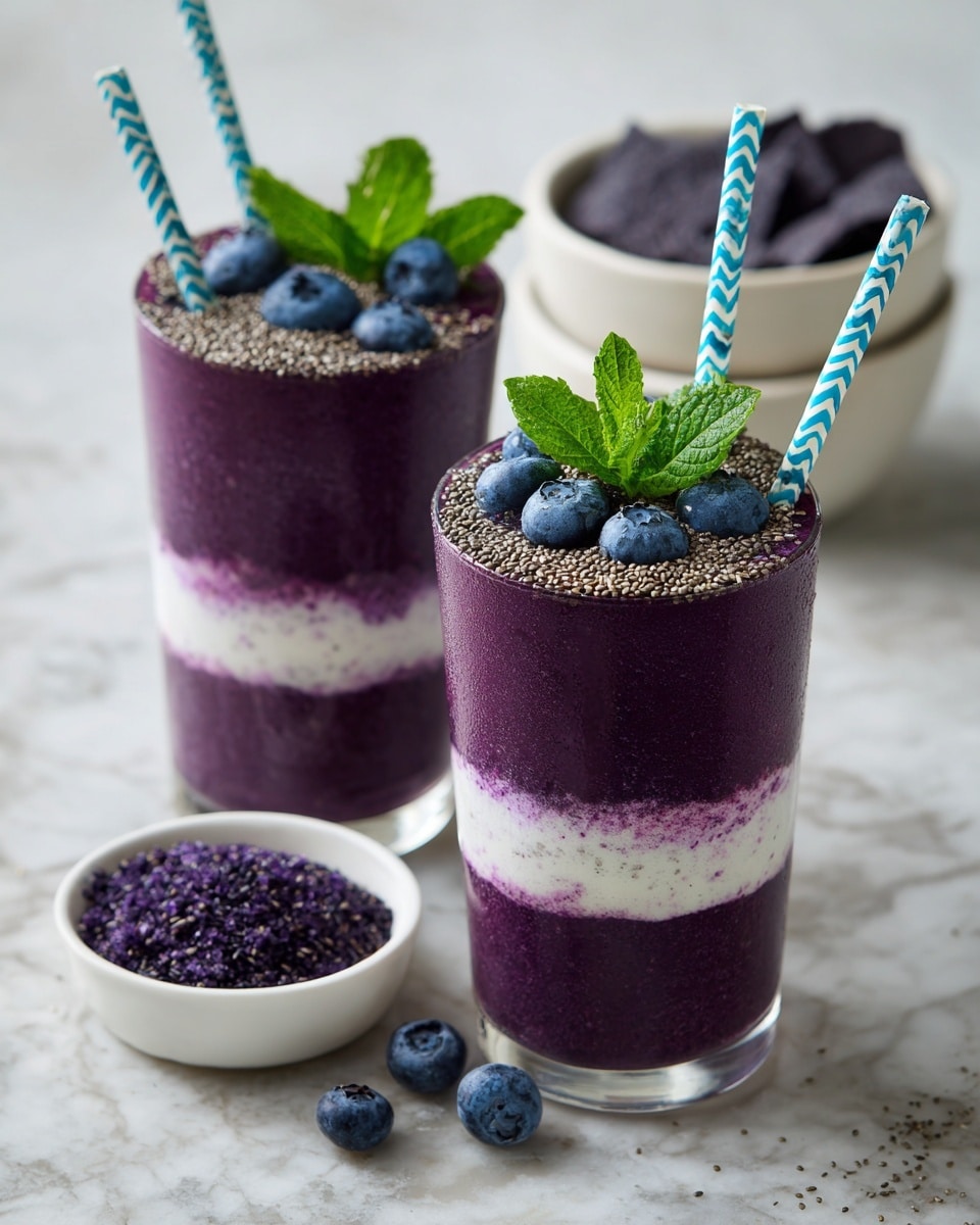 Two glasses of dark purple smoothie stand on a white marbled surface. Each glass has three layers: a thick dark purple smoothie filling most of the glass, a thin white layer at the bottom, and a row of chia seeds arranged on top in the middle. Blueberries and two small green mint leaves sit on one side along the chia seeds. A blue and white striped straw is placed in each glass. In the background, two small white bowls filled with dark red dried chips add extra color to the scene. Photo taken with an iphone --ar 4:5 --v 7