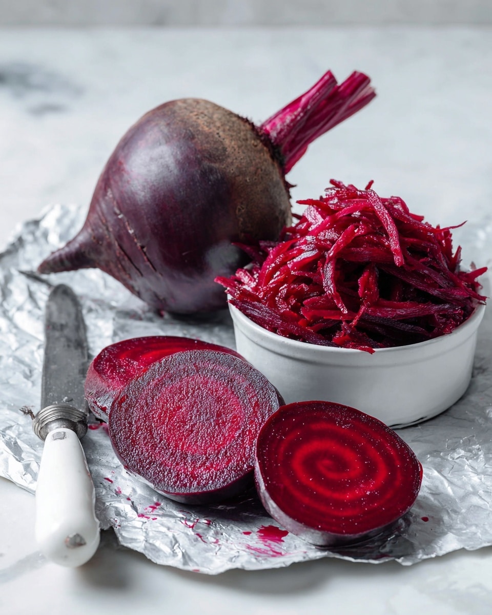 The image shows a whole cooked beetroot with its deep red skin intact, resting on a crinkled foil sheet on a white marbled surface. The beetroot is then peeled with a white peeler held by a woman's hand, revealing the shiny, smooth, dark red flesh underneath. After peeling, the beetroot is sliced into thick round pieces, showing the bright red interior with visible circular rings, placed on a white plate on the white marbled surface. Finally, shredded beetroot is piled in a small white bowl on the same surface, showing a rich, dark red texture, moist and fibrous. photo taken with an iphone --ar 4:5 --v 7