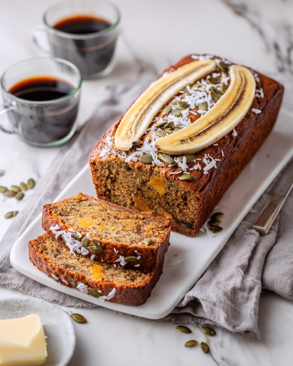 A tall stack of eight thick rectangular slices of banana bread is shown, each slice featuring a golden brown top layer with visible toasted shredded coconut and pumpkin seeds embedded on the edges, while the center of the bread has a glossy, caramelized yellow banana slice with black chia seeds sprinkled on top. The outer crust is dark brown and textured, contrasting with the moist and slightly crumbly interior visible on the sides. The stack rests on a white marbled surface with some crumbs around it, and the background is softly blurred with cool gray tones. photo taken with an iphone --ar 4:5 --v 7