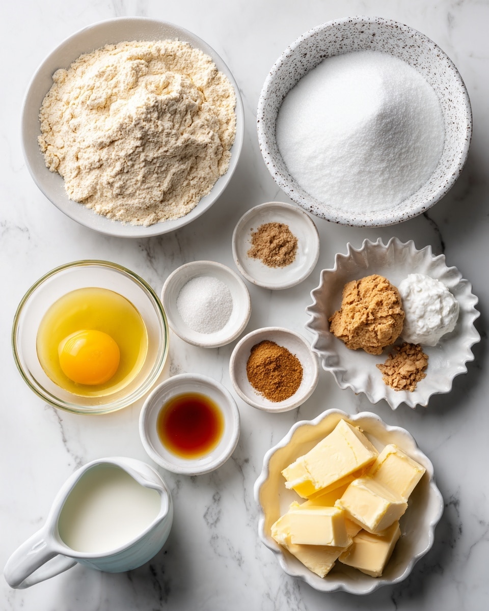 The image shows several white dishes and a glass arranged on a white marbled surface, each holding different baking ingredients. At the top left is a round white bowl filled with light beige flour, next to it on the right is a similar white bowl filled with white granulated sugar. To its right, a speckled white bowl holds a pile of white powdered sugar. Below these, from left to right, are a small white scalloped dish with small amounts of white, light brown, and medium brown powders, a clear glass bowl with melted yellow butter, a small white scalloped bowl with a raw egg yolk in a clear egg white, and a tiny white bowl with a dark amber liquid. At the lower right, a white bowl holds four chunks of yellow butter. A small glass pitcher of milk and a small white bowl with light brown peanut butter are near the bottom. The setup is neat and bright on the textured white marble surface photo taken with an iphone --ar 4:5 --v 7