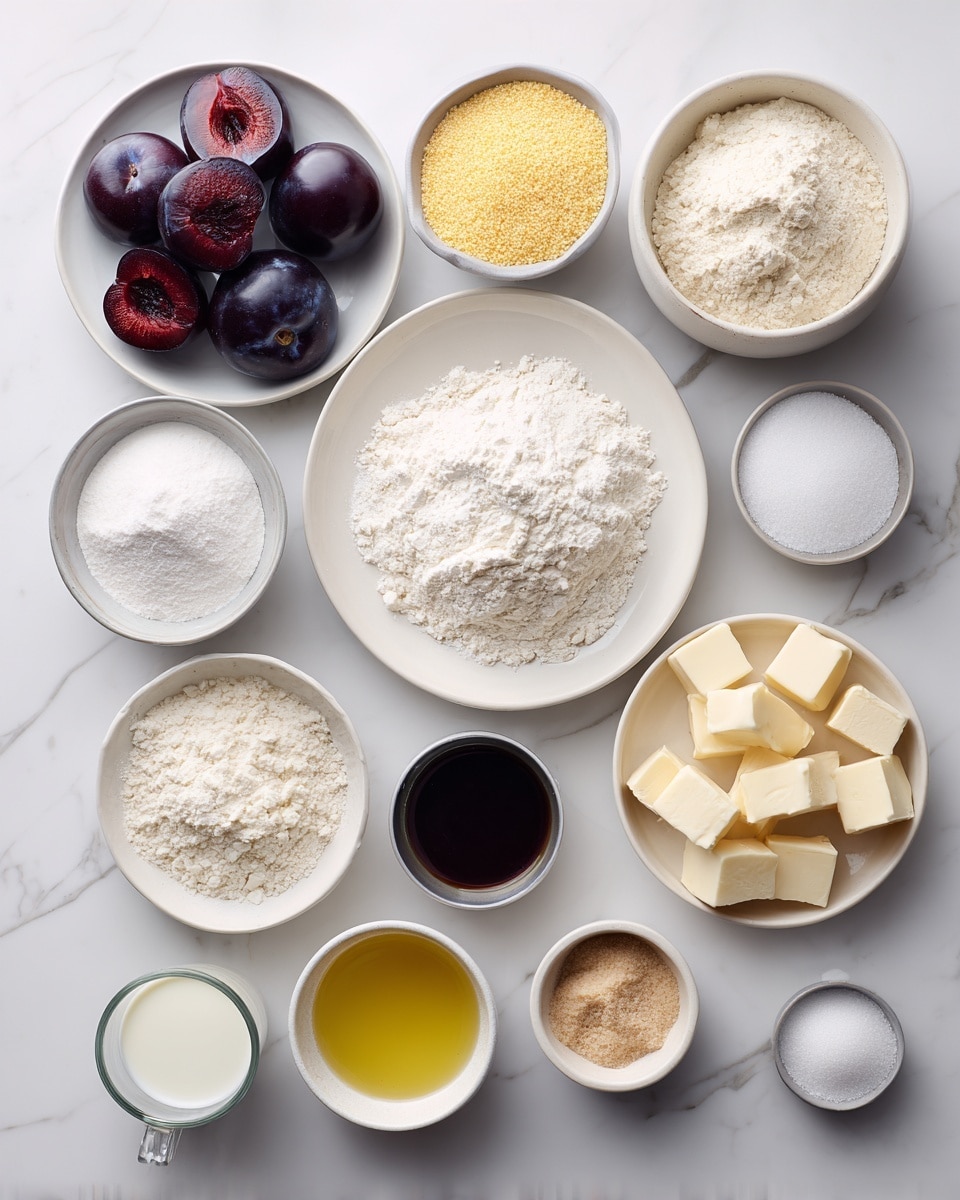 The image shows twelve white bowls and plates placed neatly on a white marbled surface, each with different baking ingredients. At the top left, a white bowl holds four dark purple plums, two of which are halved, showing deep red interiors. Moving right, a small white bowl contains yellow cornmeal, and next to it, a larger white plate filled with white flour. In the middle row, from left to right, there is a bowl filled with white granulated sugar, a small metal bowl of white baking powder, a tiny white bowl holding a beige powder, a small white bowl with dark vanilla extract, and a small plate with several cubes of pale yellow butter. The bottom row has a bowl of light yellow olive oil, a small glass cup with white milk, and a bowl filled with light brown sugar. The layout is clean and organized, with the ingredients clearly visible. Photo taken with an iphone --ar 4:5 --v 7
