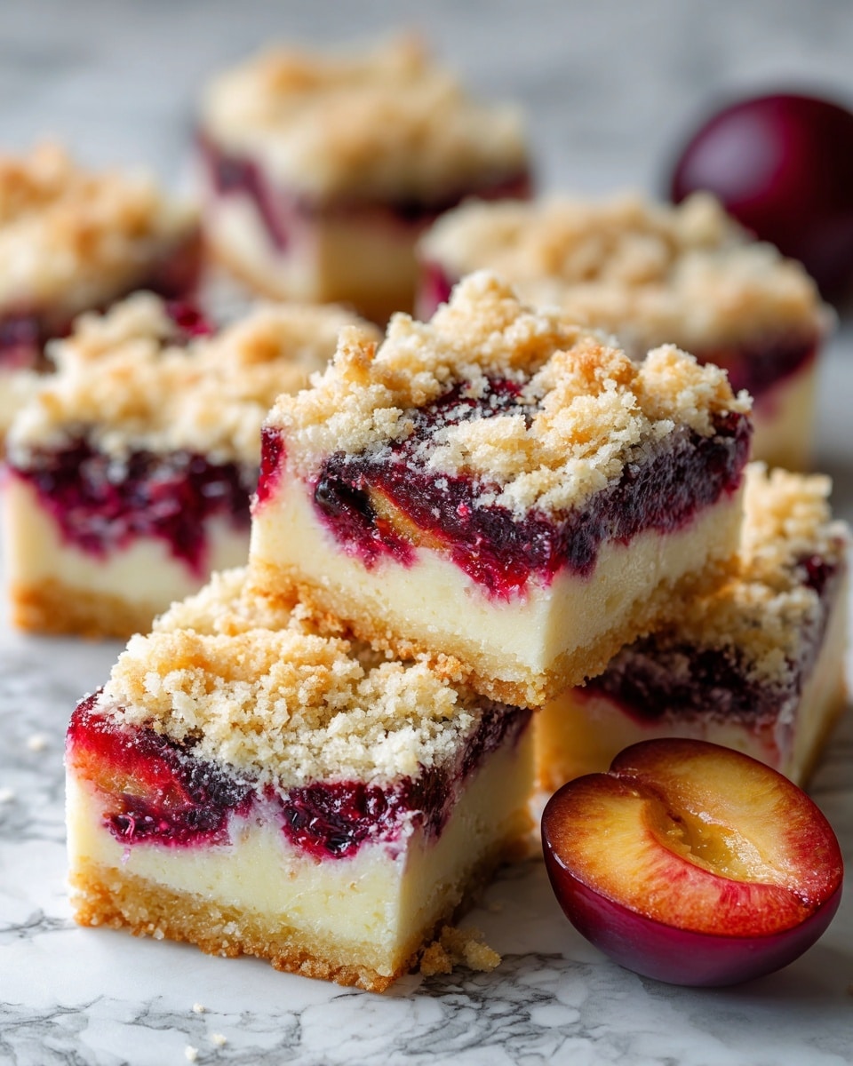 The image shows two square pieces of crumb cake stacked on top of each other on a white marbled surface. Each piece has three visible layers: the bottom layer is a light beige cake with a soft, moist texture and scattered dark red and purple berry spots throughout; the middle layer is similar, blending smoothly with the bottom; and the top layer is a crumbly, golden brown streusel topping with a rough texture. The berries inside the cake add pops of deep red and purple, contrasting with the light beige cake and golden crumbs on top. Photo taken with an iphone --ar 4:5 --v 7