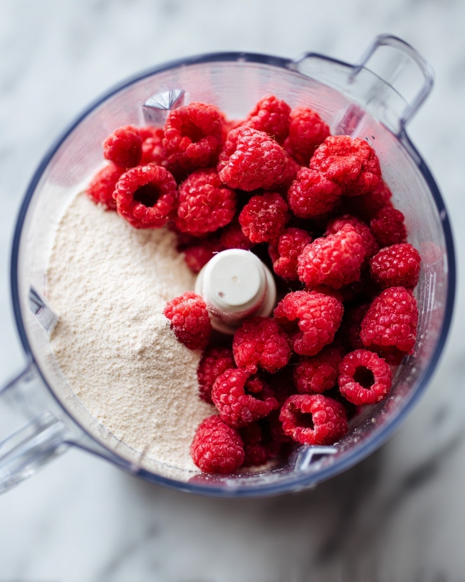 A clear blender bowl with two visible layers inside is shown from above; the bottom layer is a fine white powder spread evenly, and on top of it sits a pile of bright red raspberries with a textured surface, gathered mostly on the right side. The bowl rests on a white marbled surface and the blender’s central blade can be seen under the raspberries. photo taken with an iphone --ar 4:5 --v 7