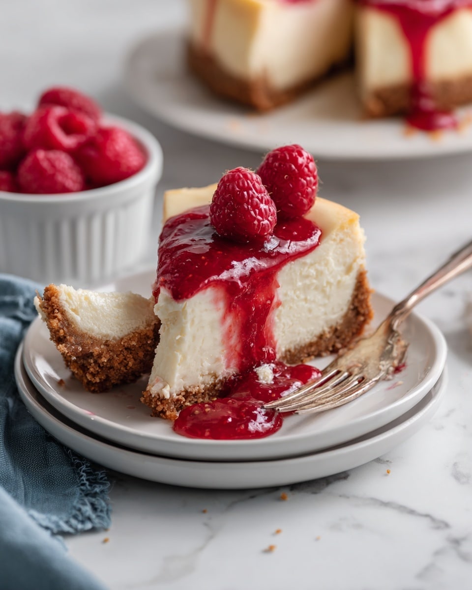 A rectangular cheesecake is sliced diagonally into four pieces and placed on white parchment paper over a white marbled surface. The cheesecake has a creamy off-white layer swirled with bright red raspberry sauce, creating a marble pattern on the top. The edges of the cheesecake are slightly golden brown. On top of the cheesecake pieces are fresh whole raspberries, adding a bright red color contrast. To the left, there is a white bowl filled with more fresh raspberries, and to the right, a small white bowl with red raspberry sauce is partially visible. Photo taken with an iphone --ar 4:5 --v 7