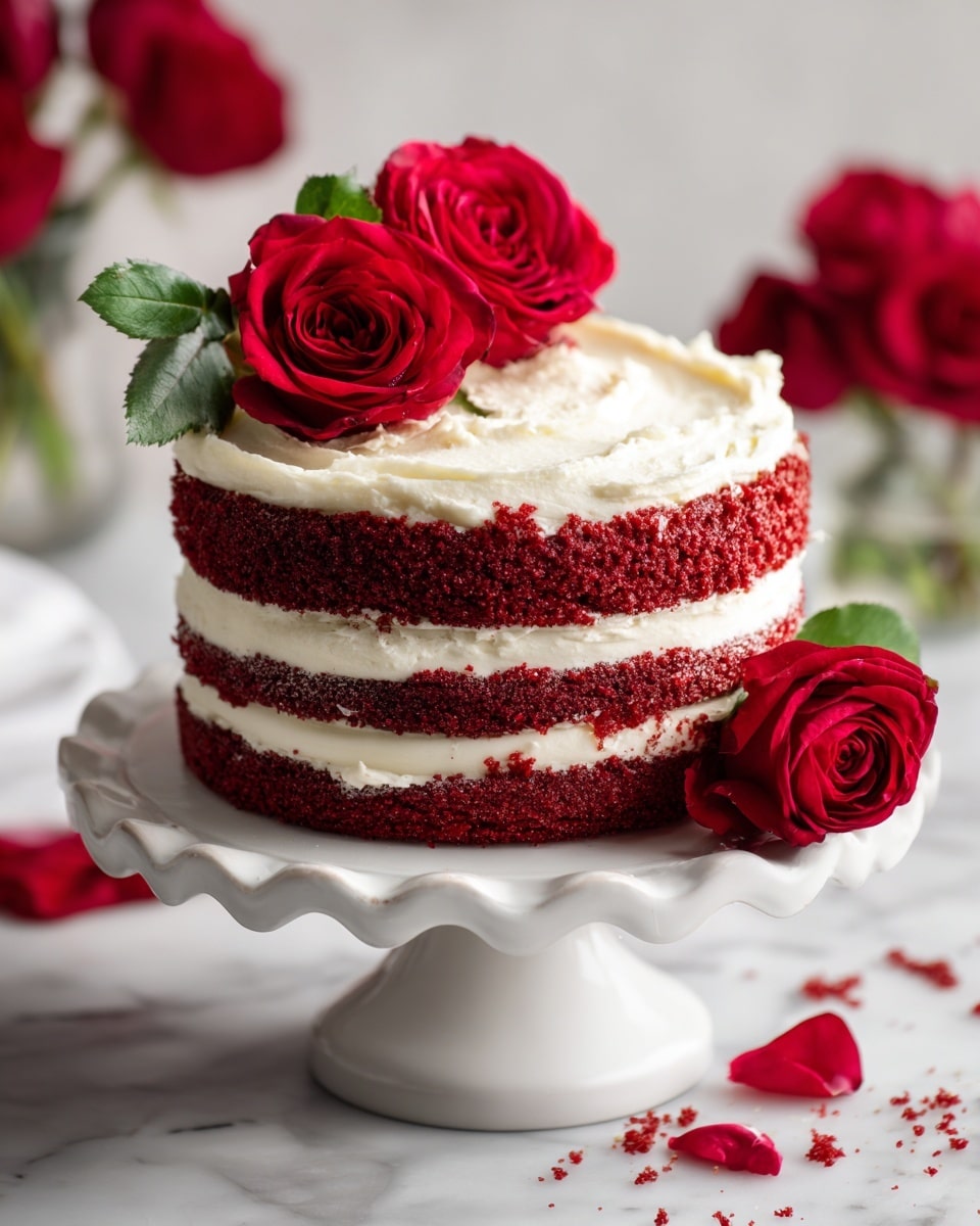A two-layer red velvet cake with bright red layers and smooth white cream cheese frosting between and around the layers, partially sliced to show the inside, sits on a white cake stand with a simple design. The top of the cake is decorated with two large red roses with green leaves. Nearby on the white marbled surface, there are more red roses and a white plate with a slice of the cake and a golden fork. The background is a white marbled texture. Photo taken with an iphone --ar 4:5 --v 7