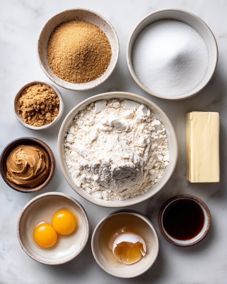 A top view shows seven white bowls and a stick of butter arranged on a white marbled surface. The central bowl is filled with a pile of white flour mixed with some white powder. Above it is a bowl with white granulated sugar, and to its left, a bowl filled with light brown sugar. To the bottom left, two small bowls hold brown peanut butter, one with a larger amount and the other with a smaller smear. To the bottom right, a bowl contains a cracked raw egg with both the yolk and white visible. Near the top right, a small bowl holds a dark brown liquid, likely vanilla extract. A stick of butter in its wrapper is placed next to this small bowl. The lighting highlights the textures and colors clearly. Photo taken with an iphone --ar 4:5 --v 7