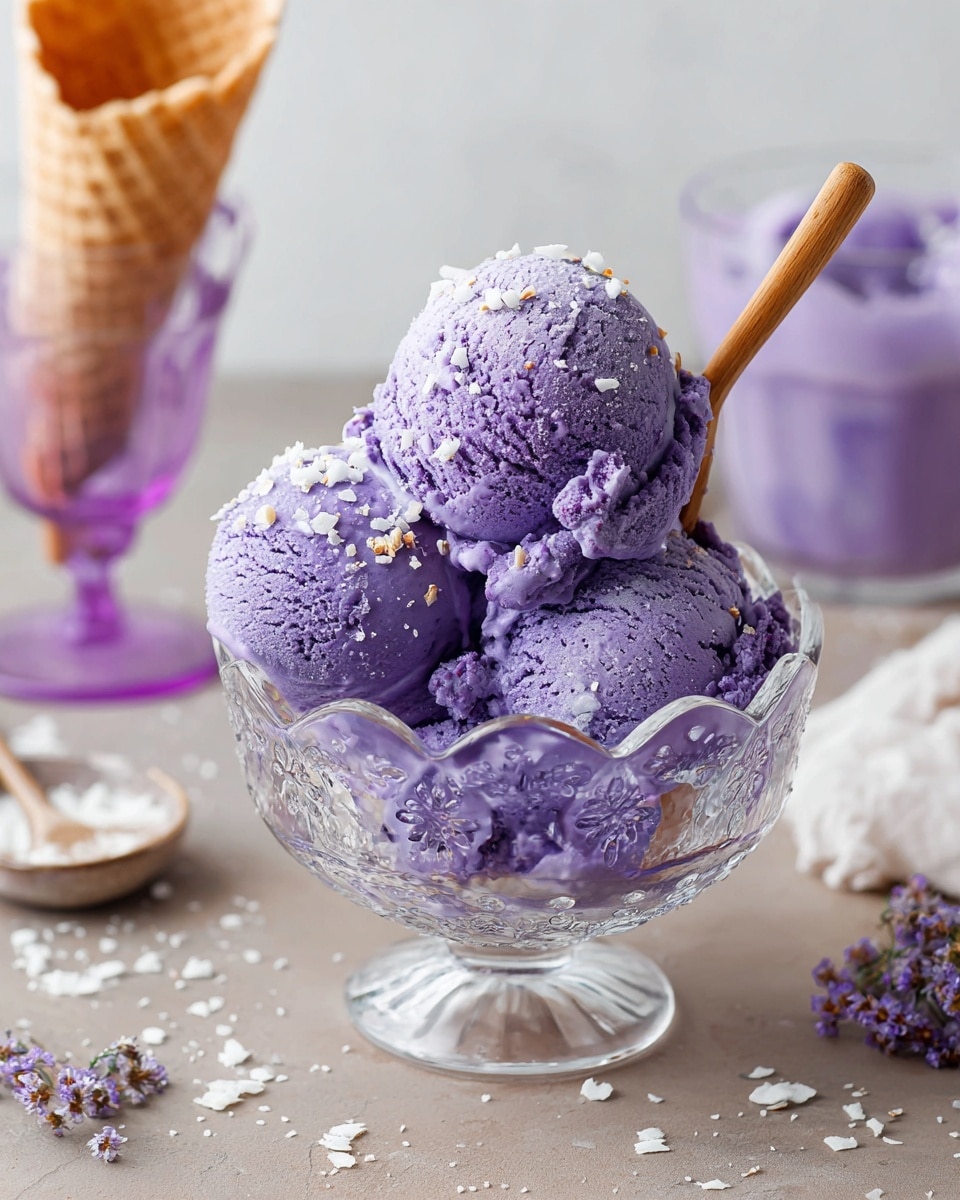 A glass dessert cup holds two rounded scoops of smooth, vibrant purple ice cream with a creamy texture, topped with small white sprinkles. A wooden spoon rests inside the cup, slightly lifting some ice cream. The cup is placed on a white marbled surface with scattered small white crumbs nearby. In the background, a clear empty glass and a plant with green leaves in a white pot add detail to the scene. The overall look is bright and inviting with soft natural light. photo taken with an iphone --ar 4:5 --v 7