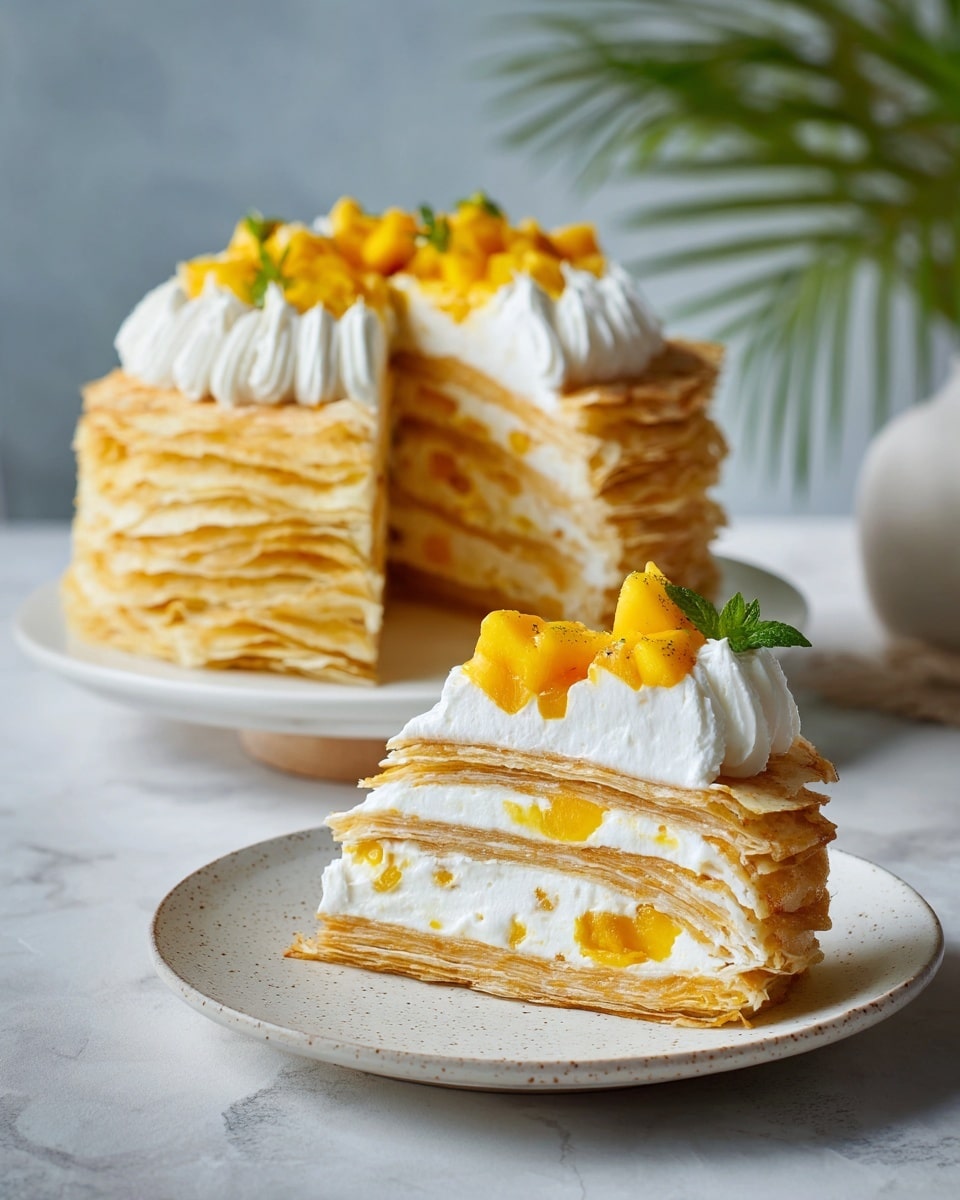 A tall cake made of many light brown thin pancake layers stacked evenly, with white whipped cream piped in a wavy circle on top, holding a mound of bright orange cubed mango pieces in the center. The cake sits on a round wooden cake stand against a white marbled surface. Nearby, a small white bowl with more mango cubes and a wooden spoon is placed, with part of a woman's hand visible at the corner holding a golden knife. The background shows a soft blurred white tiled wall with green plants. Photo taken with an iphone --ar 4:5 --v 7