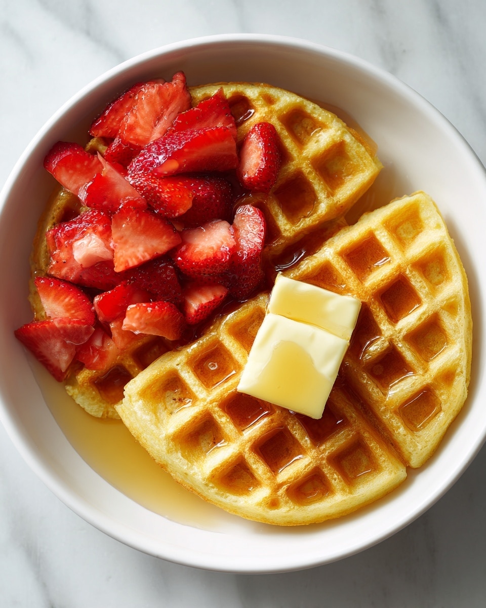 A white bowl holds two golden brown waffles, each with a square grid pattern and a slightly crispy texture. One waffle is topped with a small square of butter melting gently in the center, while the other is covered with fresh sliced strawberries that are bright red and juicy. Light brown syrup is drizzled over the waffles and pools at the bottom of the bowl, adding shine and moisture. The background shows a white marbled texture. Photo taken with an iphone --ar 4:5 --v 7
