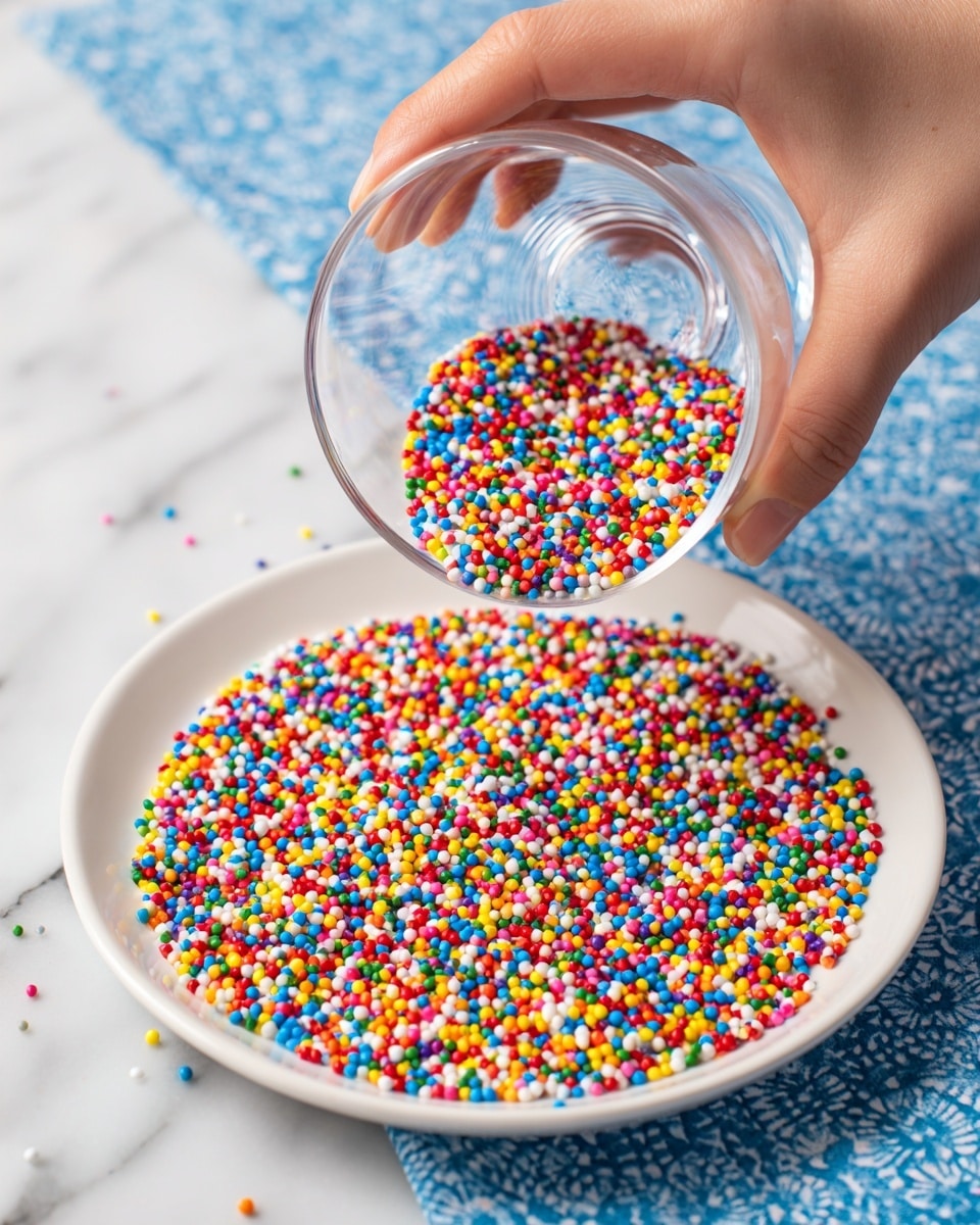 A close-up photo shows a woman's hand holding a clear glass upside down, with its rim covered in tiny round multicolored sprinkles. The glass is positioned above a white plate full of the same colorful sprinkles, creating a bright and playful scene. Both the glass rim and the plate are filled evenly with sprinkles in red, blue, yellow, green, and white colors. The background surface is a white marbled texture with a blue patterned cloth underneath the plate. photo taken with an iphone --ar 4:5 --v 7