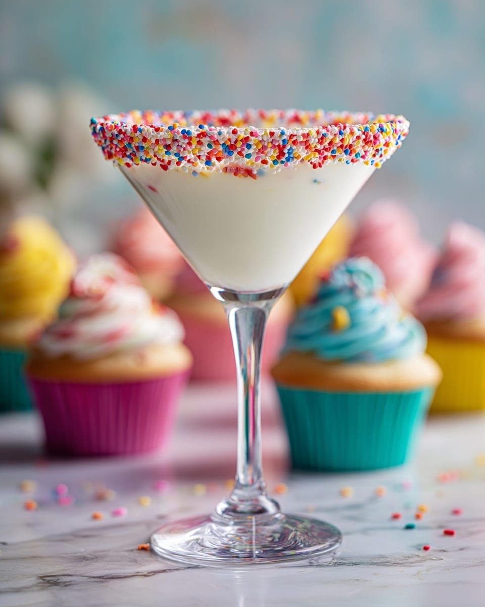 A clear martini glass filled with a smooth white creamy drink, the rim of the glass decorated with small round colorful sprinkles in red, blue, yellow, green, pink, and white. In the blurred background, there are white frosted cupcakes with red and white decorations on a white marbled surface, along with some green and red floral shapes that add a warm touch. The overall focus is on the glass and its bright sprinkle rim. photo taken with an iphone --ar 4:5 --v 7