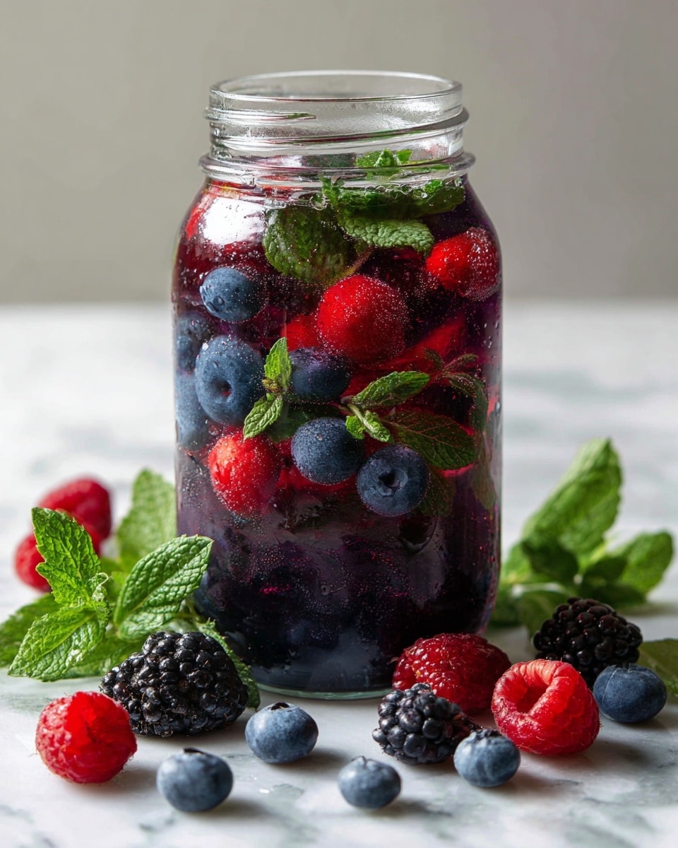 A clear glass jar filled with a dark purple liquid, layered with whole red raspberries, deep blue blueberries, and fresh green mint leaves floating on top and inside. Around the jar, scattered on a white marbled surface, are more fresh raspberries, blueberries, blackberries, and sprigs of bright green mint leaves. The colors of the berries and mint create a fresh and vibrant look with a natural touch. Photo taken with an iphone --ar 4:5 --v 7