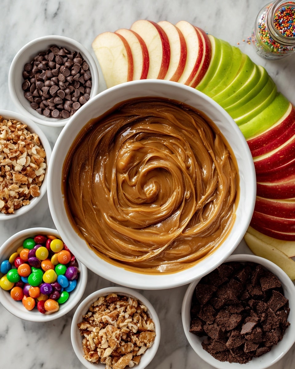 A white bowl filled with smooth, swirled caramel sauce sits at the center, surrounded by layers of red and green apple slices arranged in a circular pattern around the bowl. Around the apples are smaller white bowls holding different toppings: dark chocolate chips that look glossy, colorful M&M candies, crushed nuts with a mixed beige and brown texture, and crushed chocolate cookies with visible crumbs. All this is set on a white marbled surface. An unopened bottle of chocolate sprinkles is visible on the side. Photo taken with an iphone --ar 4:5 --v 7