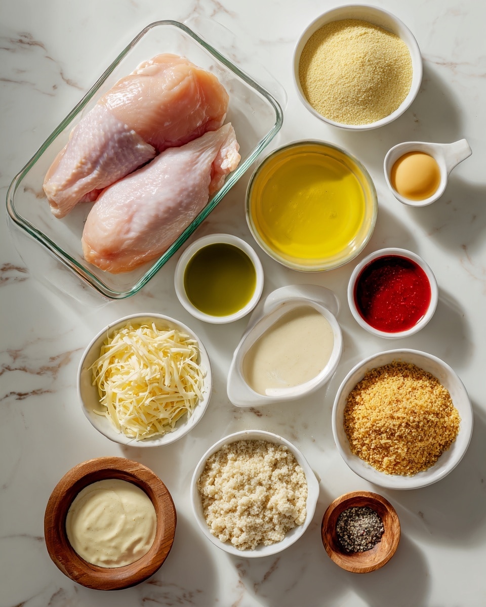 Two raw chicken pieces are placed side by side in a clear glass rectangular container at the top left. Around it, there are small white bowls and one small wooden bowl arranged neatly on a white marbled surface. The bowls hold various ingredients: a pale yellow powder at top center, a yellow-green liquid to the right, bright red powder below it, a white creamy sauce below the yellow powder, creamy white thick sauce below the chicken, light beige crumbs to the right of the creamy sauce, shredded cheese at middle left, light golden honey at bottom left, grainy mustard next to honey, a red sauce above a small bowl of black pepper, and a wooden bowl of coarse salt at the bottom right. The overall arrangement is clean and organized with a soft natural light. Photo taken with an iphone --ar 4:5 --v 7