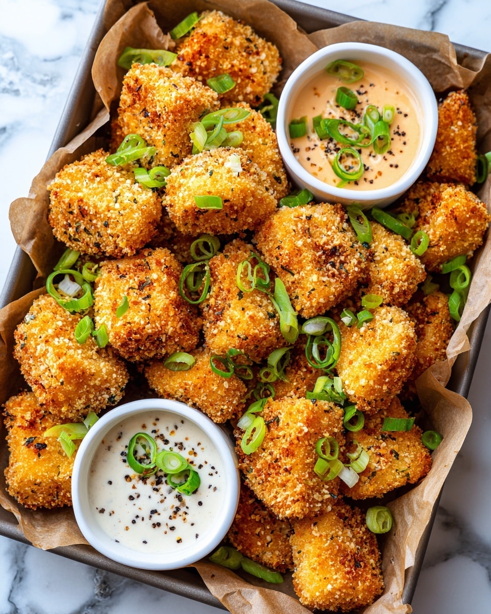 A rectangular tray lined with light brown parchment paper holds many small, crispy, golden-brown pieces of fried chicken, each with a rough, crunchy texture and sprinkled with thin slices of green onion. On the right side of the tray, there is a small white bowl filled with a red and orange sweet chili sauce, topped with green onion slices. Near the bottom left corner of the tray, a clear glass bowl contains a white creamy dipping sauce with visible black pepper specks on top. The whole setup rests on a white marbled surface. Photo taken with an iphone --ar 4:5 --v 7
