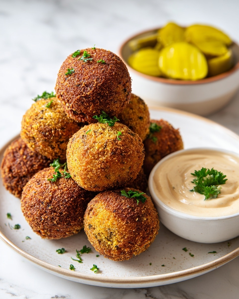 The image shows four golden brown crispy fried balls on a white plate set on a white marbled surface. One ball is open, revealing shredded meat mixed with bits of white rice inside. The open ball rests partially on a smooth, creamy light beige sauce with tiny dark specks, which spreads slightly on the plate. Next to the balls is a small white bowl filled with the same creamy sauce, topped with a small green parsley sprig. In the blurry background, there is a hint of sliced yellow pickles. The photo taken with an iphone --ar 4:5 --v 7