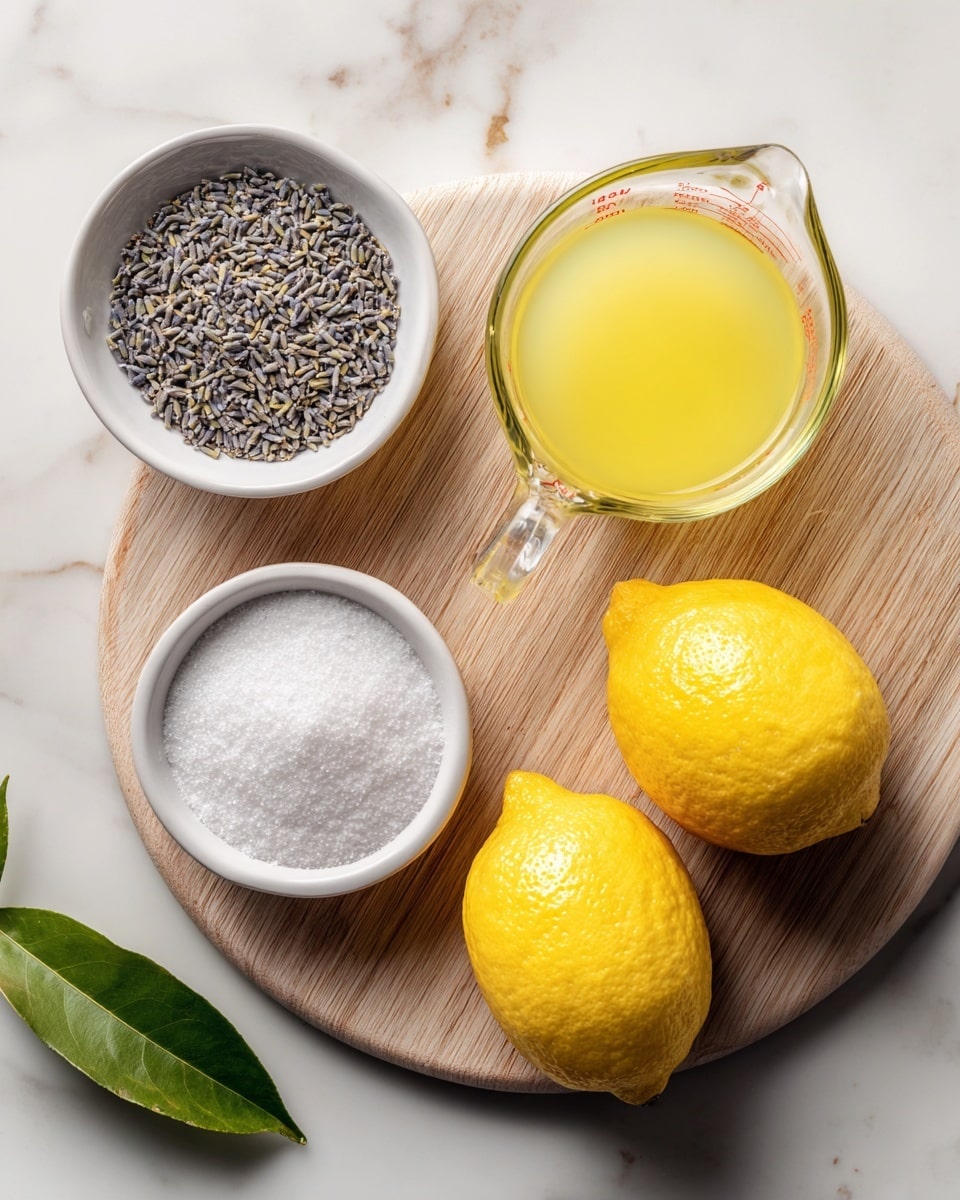 A white round bowl filled with small dry lavender buds sits on the bottom left next to a white round bowl filled with fine white sugar at the bottom right. Above these, a clear glass measuring cup with a yellow liquid, likely lemon juice, is placed on a light wooden board. Two bright yellow lemons with textured skin lie on a white marbled surface near the bowls and board. A green leaf is visible at the bottom left corner, adding a touch of natural color. Photo taken with an iphone --ar 4:5 --v 7