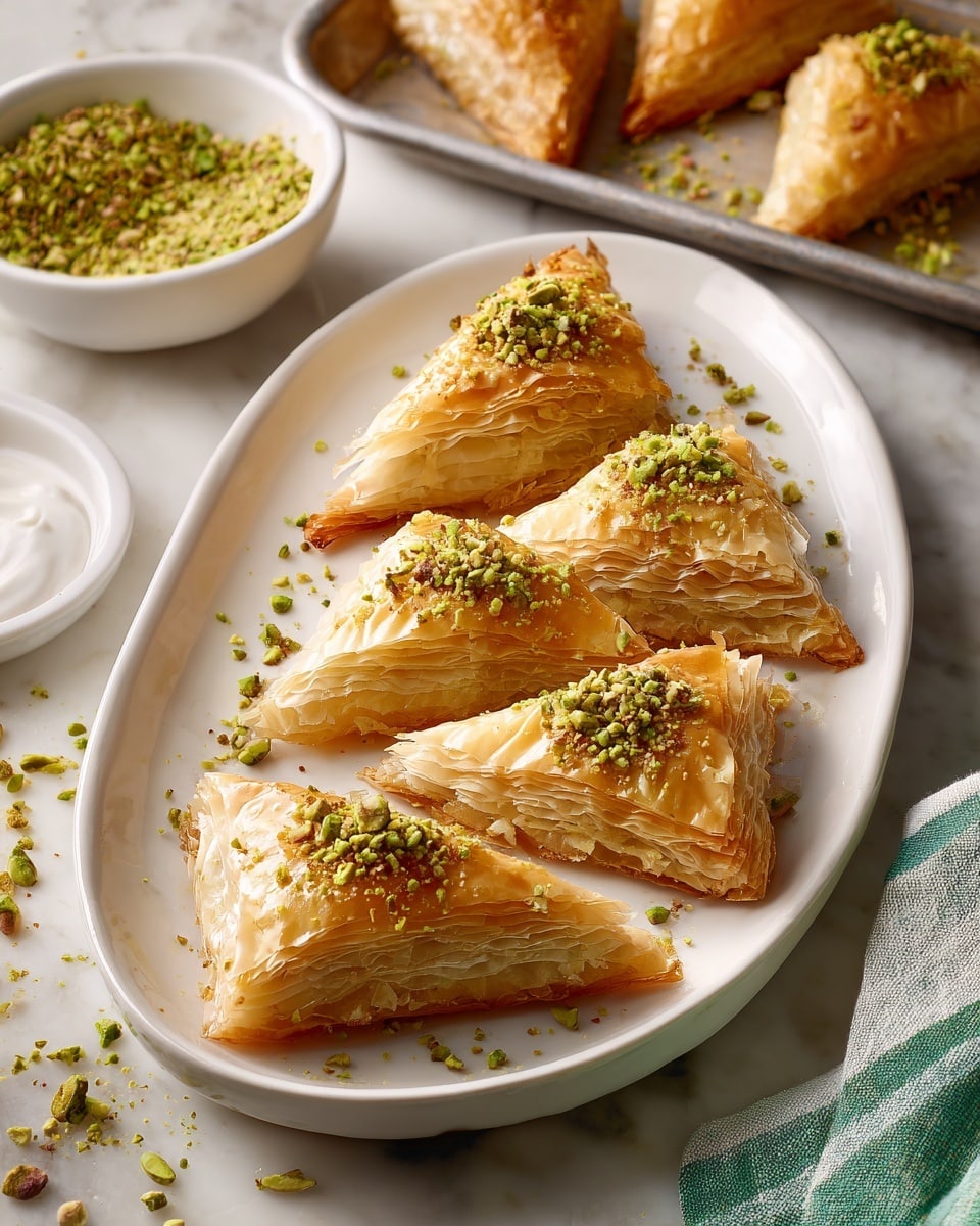 The image shows five triangular pastries arranged in a row on a white oval plate, each pastry having many thin, flaky golden-brown layers with a slight shine on the surface. A generous sprinkle of crushed bright green pistachios is scattered on top of the pastries and around the plate, adding a rough texture and vibrant color contrast. To the side, there is a small white bowl filled with more crushed pistachios, and part of a baking pan filled with similar pastries is visible in the upper right corner. The background is a white marbled texture, and a green and white checkered cloth is seen in the bottom right corner. Photo taken with an iphone --ar 4:5 --v 7