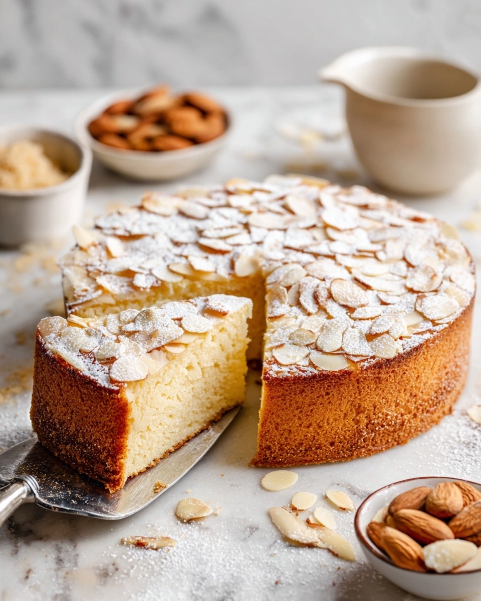 The image shows a round, single-layer almond cake placed on a white plate on a white marbled surface. The top layer is golden-brown with scattered toasted almond slices and a light dusting of powdered sugar, giving it a slightly textured and crunchy appearance. One slice is cut out and lifted with a silver spatula, revealing a light yellow, soft, and moist cake interior. In the background, there are small dishes with sliced almonds and powdery spices, adding context to the ingredients. The photo taken with an iphone --ar 4:5 --v 7