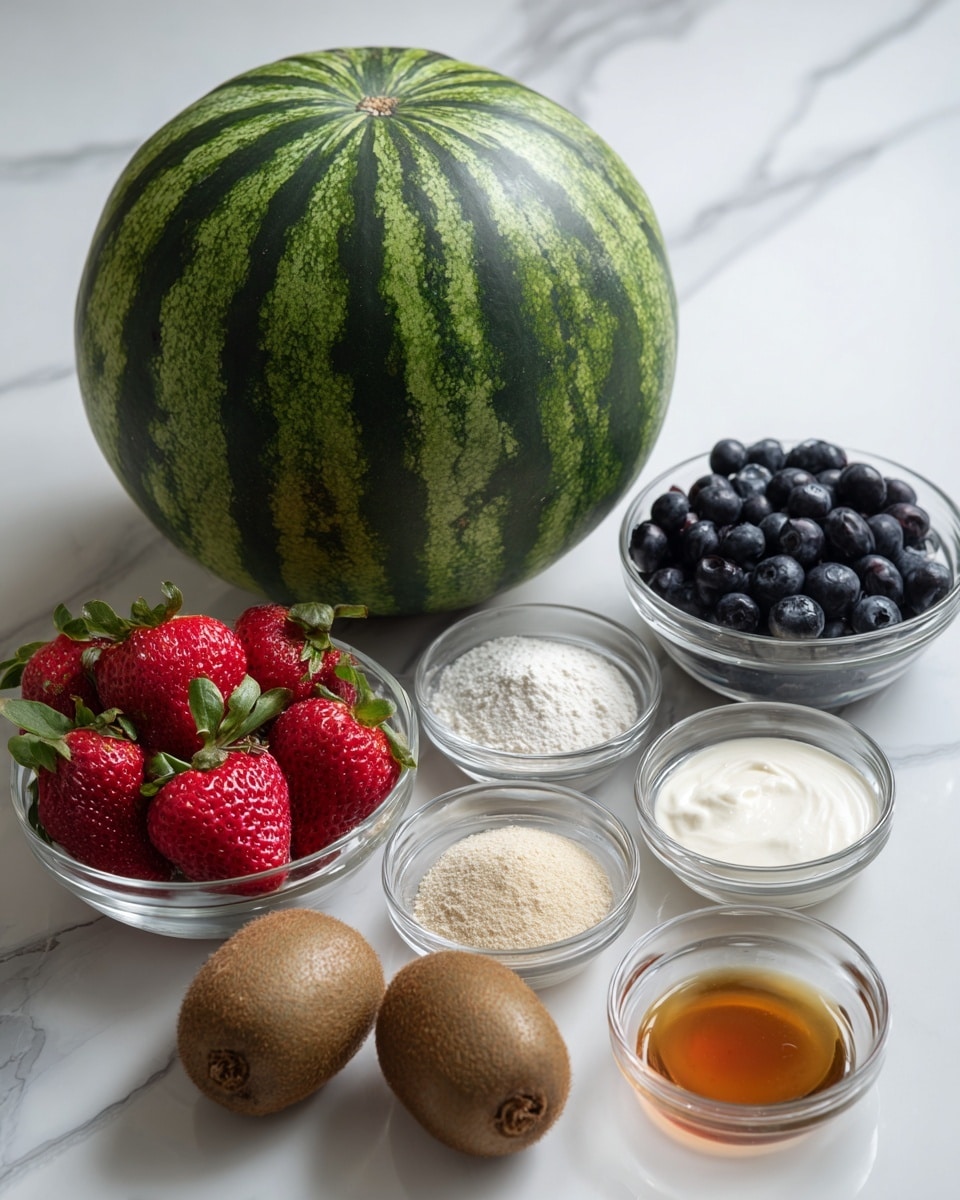 A large whole dark green watermelon with lighter green stripes is placed on a white marbled surface. To the right and below the watermelon, six small clear glass bowls hold different ingredients: bright red strawberries with green leaves, light beige powder (likely sugar or flour), white powder, a small amount of thick white cream or similar, a small pool of honey or syrup that is golden brown, and several fuzzy brown kiwis. Another clear bowl filled with dark blue blueberries is near the top right. The setting is simple with all ingredients clearly visible on the white marbled surface, photo taken with an iphone --ar 4:5 --v 7