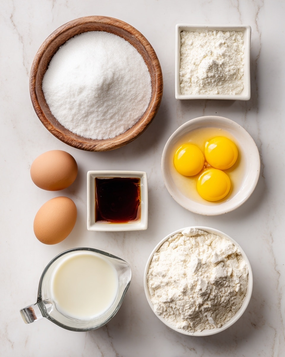 The image shows six small containers on a white marbled surface, each holding a different baking ingredient. On the top left is a round wooden bowl filled with white sugar. Next to it, in the middle top, is a small white square dish with white baking powder. On the top right, there is a small round white dish with three bright yellow egg yolks. On the bottom left, there is a large clear glass measuring cup filled with white milk. In the middle bottom, a small white square dish holds brown vanilla extract. On the bottom right, a round bowl filled with white flour sits on the surface. The arrangement is neat, with all bowls looking clean and the ingredients showing clear color differences. Photo taken with an iphone --ar 4:5 --v 7
