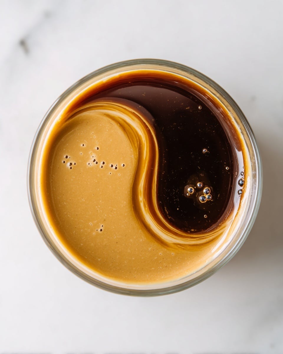 A clear glass bowl sits on a white marbled surface, filled with two main layers of smooth liquid. The bottom layer is a thick, creamy light brown mixture. On top of it, a darker brown liquid is partially swirled, creating a pattern resembling a yin-yang shape. The textures of both liquids are shiny and smooth, with small bubbles visible on the surface of the lighter layer. The image is clear and bright, showing the mixture in detail. photo taken with an iphone --ar 4:5 --v 7