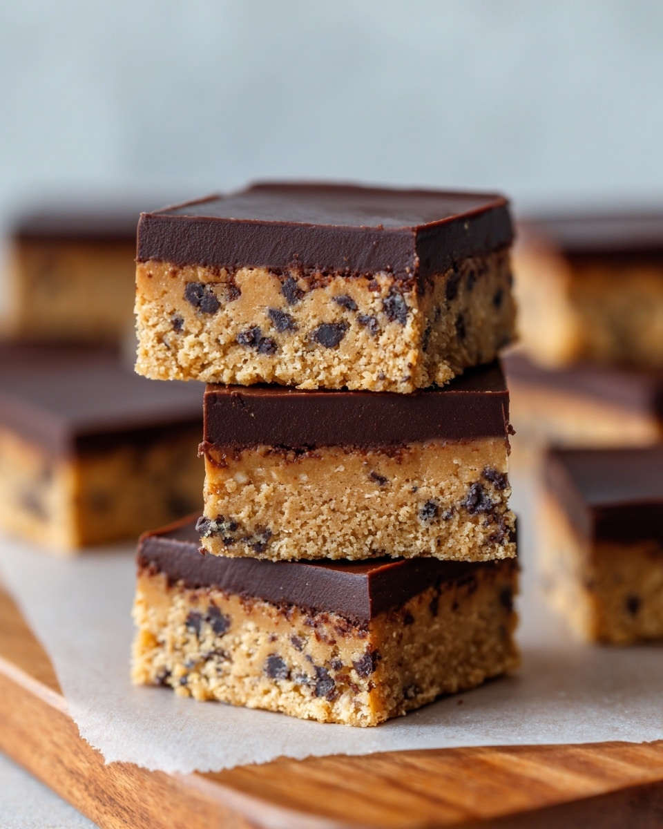 A stack of four square bars is shown, each with two layers: a thick bottom layer that is light beige and textured with chocolate chips embedded inside, and a smooth, rich dark brown chocolate layer on top. The bars appear soft and dense, with visible chocolate chips scattered throughout the base layer. Behind the stack, several more bars rest on a light wooden surface with a simple, clean background. The focus is close up, capturing the detailed texture of the layers. photo taken with an iphone --ar 4:5 --v 7