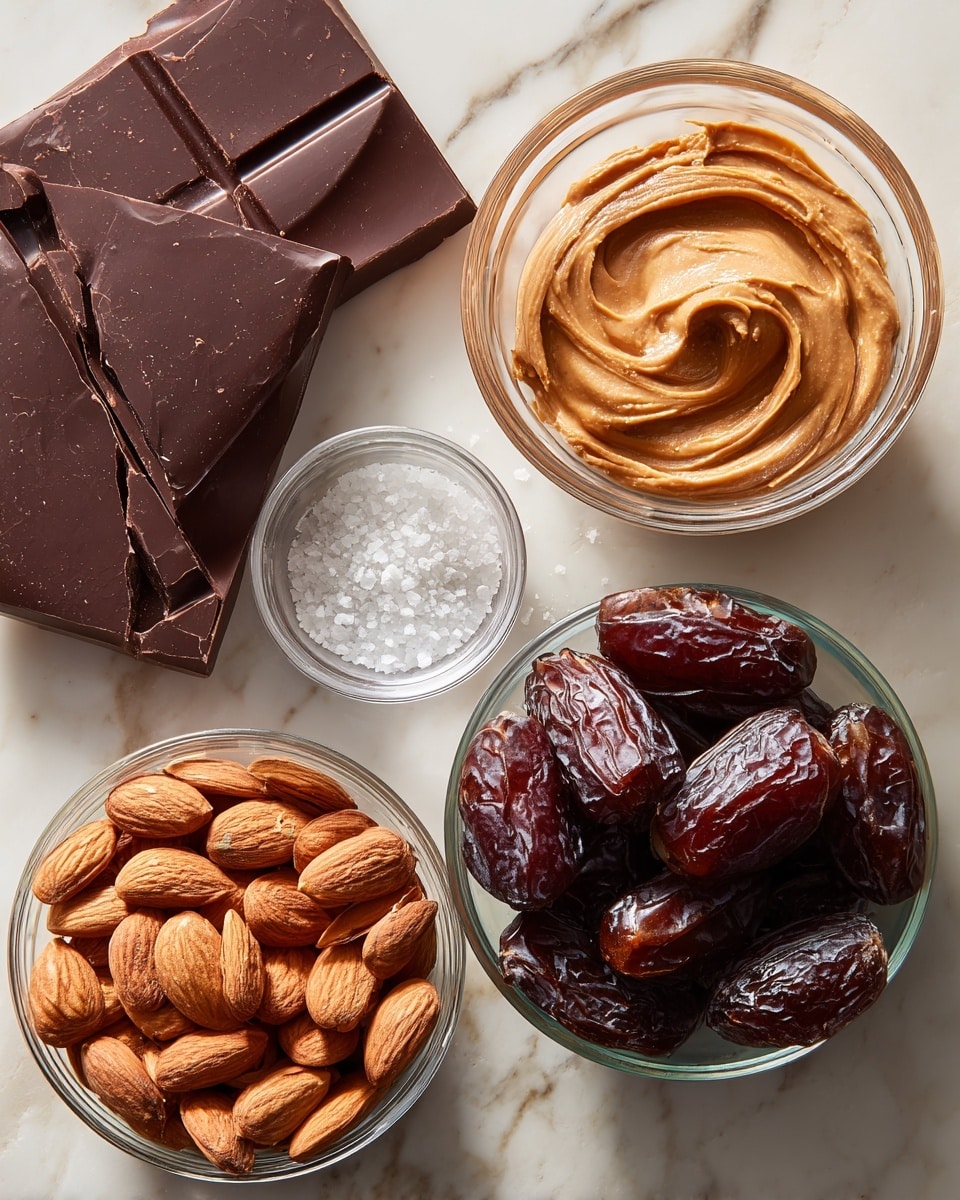 A top view of several clear glass bowls and two large pieces of dark chocolate arranged on a white marbled surface. On the left, two large, flat dark chocolate squares with a smooth, slightly shiny texture. Near the chocolates is a small glass bowl with coarse white salt, showing tiny crystals. To the right, a medium bowl filled with smooth, light brown peanut butter with a small swirl in the center. Below it, a smaller bowl holds a pile of medium brown almonds with a matte, rough surface. On the right side, the largest glass bowl contains a heap of shiny, dark brown dates with wrinkled textures. Photo taken with an iphone --ar 4:5 --v 7
