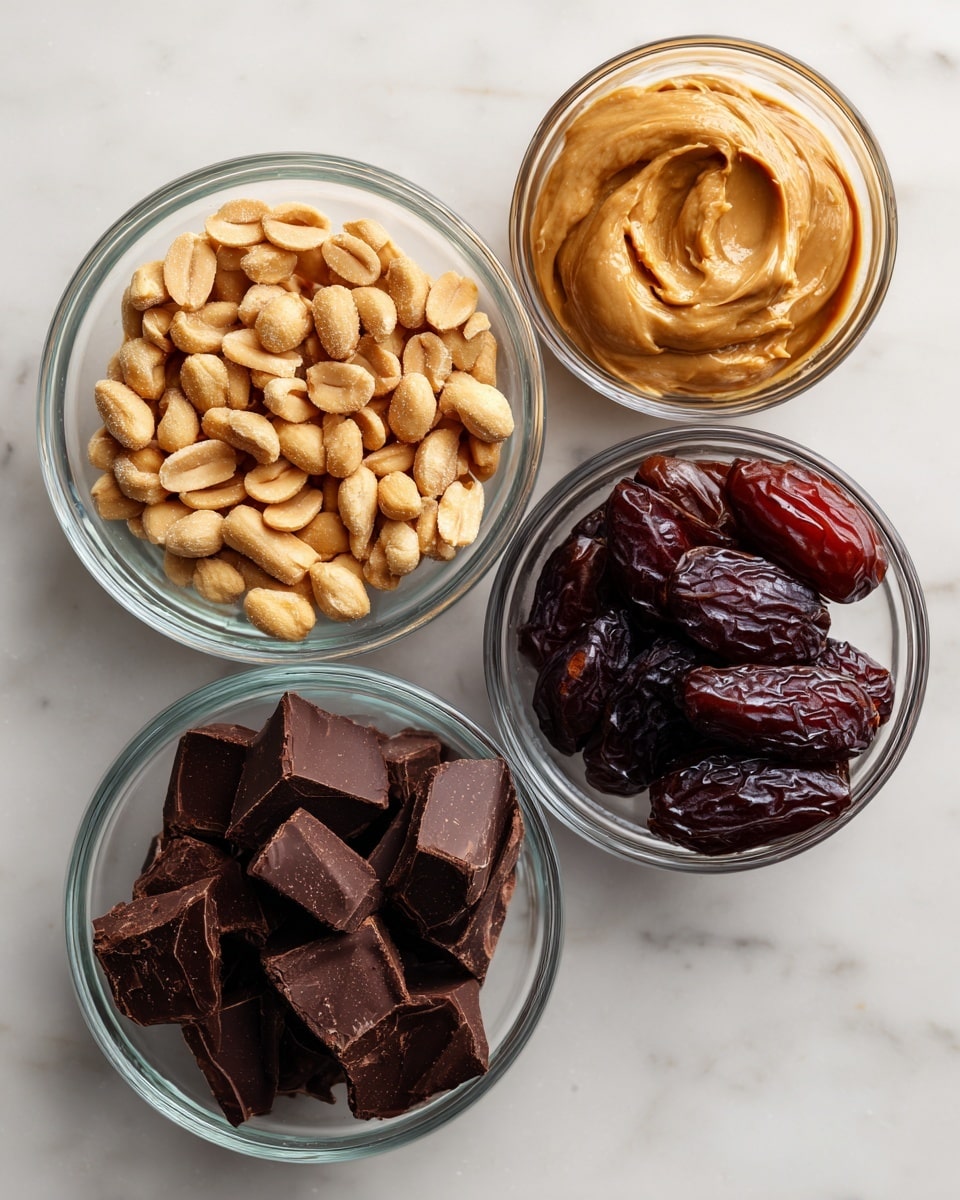 Four clear glass bowls sit on a white marbled surface, each holding a different ingredient. The top left bowl contains light brown roasted peanuts with a rough texture. To its right, the top right bowl holds a smooth, creamy peanut butter that is light tan in color. Below the peanut bowl, the bottom left bowl is filled with dark brown, irregularly shaped chunks of chocolate with a slightly rough texture. The bottom right bowl holds shiny, dark reddish-brown dried dates with a wrinkled texture. The bowls are evenly spaced, creating a neat and simple arrangement. Photo taken with an iphone --ar 4:5 --v 7
