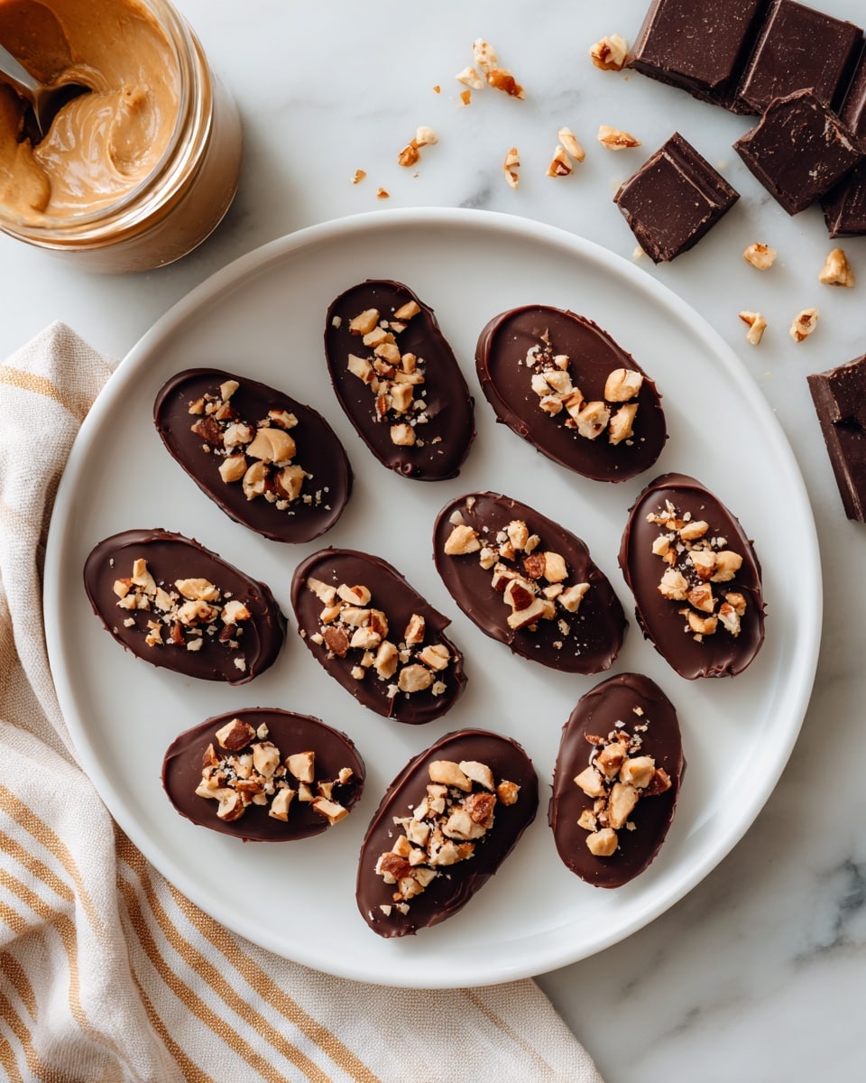 A white plate holds thirteen small, oval-shaped treats covered in smooth, shiny dark chocolate. Each piece is topped with a scattered layer of crushed light brown nuts, adding a rough texture to the glossy chocolate. The plate sits on a white marbled surface, with a light beige striped cloth to the left and a glass jar with creamy peanut butter on the right. Pieces of broken dark chocolate bars rest on the upper left of the scene. The image is clear, bright, and neatly arranged, photo taken with an iphone --ar 4:5 --v 7
