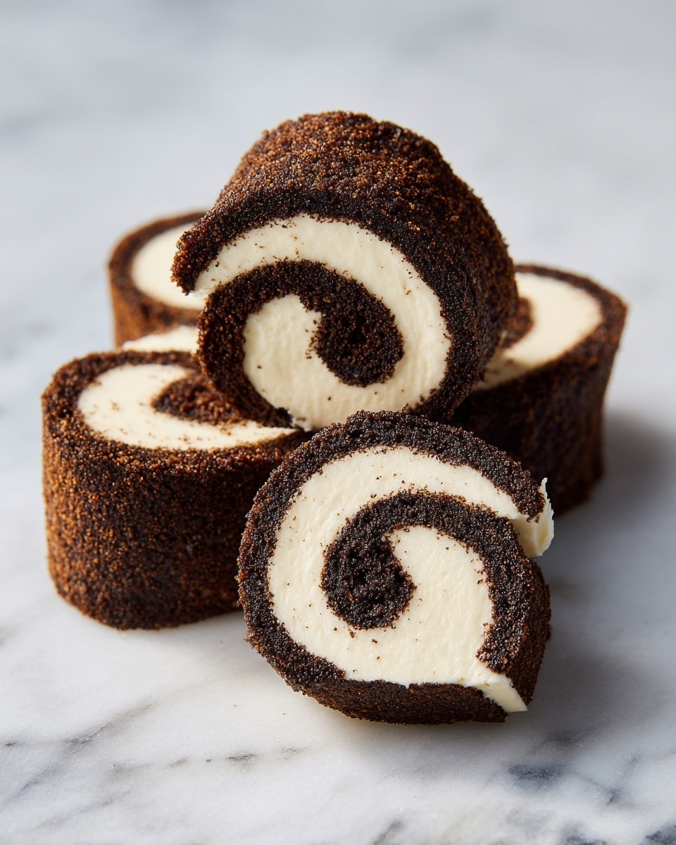 The image shows several round chocolate and cream swirled treats stacked together. Each treat has a dark brown outer layer made of chocolate with a rough texture, rolled tightly around a soft, creamy white center that has a smooth, fluffy appearance. The cream spirals inward from the edge to the middle, creating a swirl pattern. The background is a white marbled texture, which makes the dark chocolate and white cream stand out clearly. Photo taken with an iphone --ar 4:5 --v 7