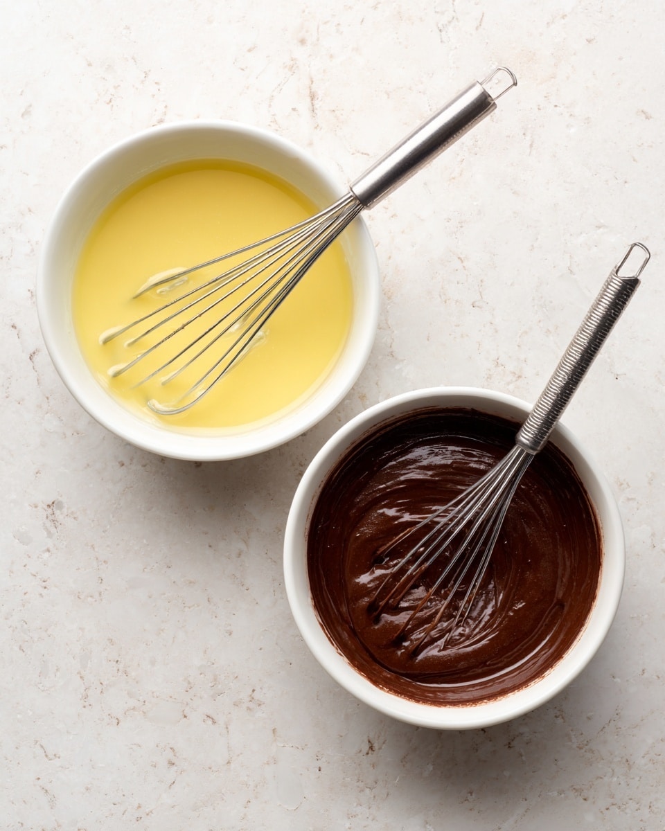 The image shows two white bowls placed side by side on a white marbled surface. The bowl on the left contains a light yellow watery liquid with a shiny silver whisk resting inside it. The bowl on the right is filled with thick, smooth dark brown chocolate batter, also with a shiny silver whisk inside. Both bowls have similar sizes and shapes with the whisks partially submerged in the mixtures. Photo taken with an iphone --ar 4:5 --v 7