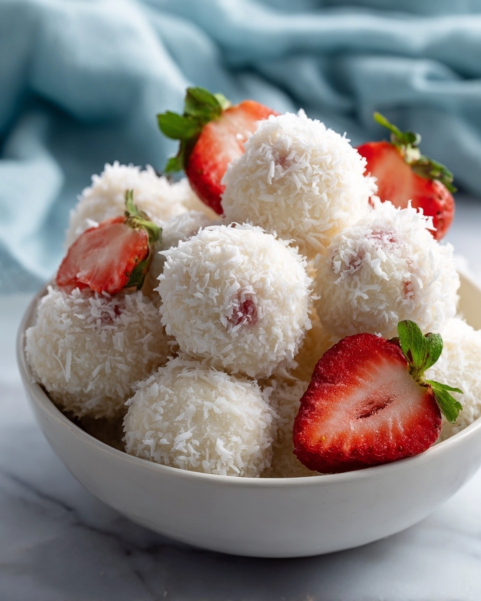 A white plate with a black rim is full of round balls covered in white shredded coconut, each ball showing a pale light brown with pink spots underneath the coconut layer. Among the balls, there are halved fresh strawberries with bright red and white inside, some with green leaves attached. The plate is placed on a white marbled surface, and the background has some blue and red fabric pieces barely visible, adding a soft color contrast. Photo taken with an iphone --ar 4:5 --v 7
