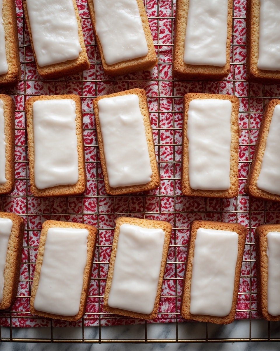 Several rectangular golden-brown cookies are arranged in two rows on a silver cooling rack. Each cookie has a smooth, white icing layer spread neatly on top, covering about two-thirds of the surface. The rack rests on a red and white checkered cloth with a holiday heart pattern. The background is a white marbled surface with soft natural light highlighting the textures of the cookies and icing. Photo taken with an iphone --ar 4:5 --v 7