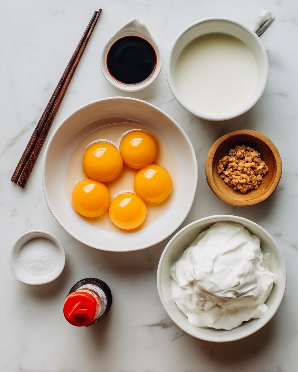 The image shows several white bowls and containers arranged on a white marbled surface. In the center is a white bowl containing six bright orange egg yolks. To the bottom left of the yolks is a small white bowl filled with light brown crunchy bits. To the right of that is a bigger white bowl with white whipped cream or foam. Above the yolks is a white cup with cream or milk. To the left of the yolks is a small white bowl with white sugar, and below it is a small red-capped bottle with dark soy sauce. There is also a wooden bowl with brown sugar or salt near the top right. A pair of dark chopsticks rest on the left side of the surface. The setup is minimal and clean, photo taken with an iphone --ar 4:5 --v 7