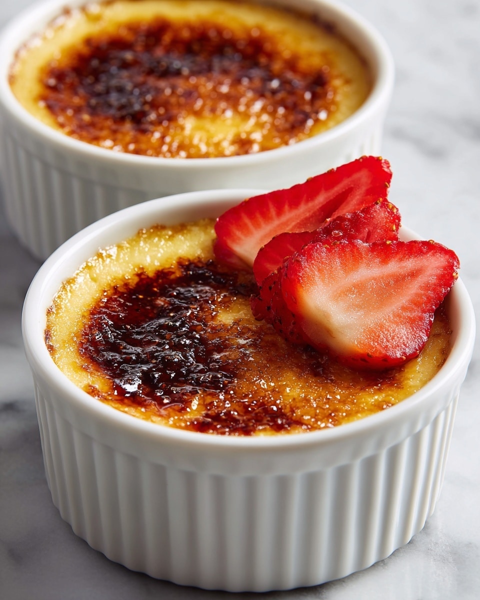 Two white ramekins hold a dessert with a crispy, golden brown caramelized sugar top that has a shiny and slightly uneven texture. Each ramekin is decorated with three bright red sliced strawberries arranged on one side, adding freshness and color contrast to the rich caramel surface. The ramekins sit on a white marbled surface, and the photo is taken with an iphone --ar 4:5 --v 7