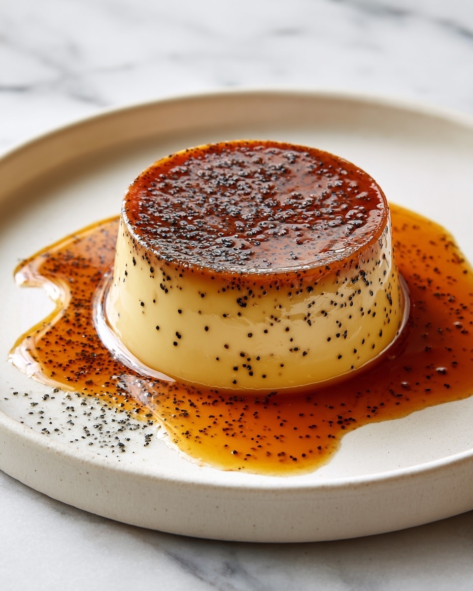 A smooth, round dessert with two layers sits in the middle of a white plate. The bottom layer is pale yellow with a soft, creamy texture. The top layer is a glossy caramel brown with small black specks scattered over it. Around the dessert, a shiny caramel sauce spreads out unevenly on the white marbled surface, creating a warm golden pool that slightly reflects light. photo taken with an iphone --ar 4:5 --v 7