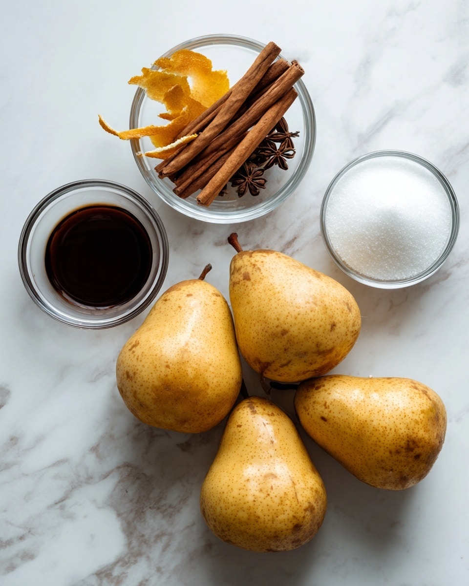 Four yellow-brown pears with some spots are placed in a group on a white marbled surface. To their left, there is a small clear bowl filled with cinnamon sticks and other spices on top of an orange peel. Above this bowl is another small clear bowl full of dark brown liquid. On the right side of the pears, there is a small clear bowl with white sugar. The whole scene is set on a white marbled background. photo taken with an iphone --ar 4:5 --v 7