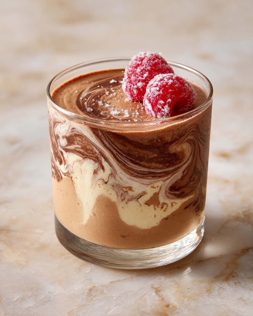 A short clear glass filled with two visible layers of creamy chocolate mousse; the bottom layer is a lighter milk chocolate color with a smooth texture, and the top layer is a slightly darker milk chocolate color with a light, airy look. On top sits a single frozen raspberry, bright red with a frosty coating and a detailed, bumpy texture. The glass is placed on a white marbled surface, and the lighting is soft, making the mousse look rich and smooth. photo taken with an iphone --ar 4:5 --v 7
