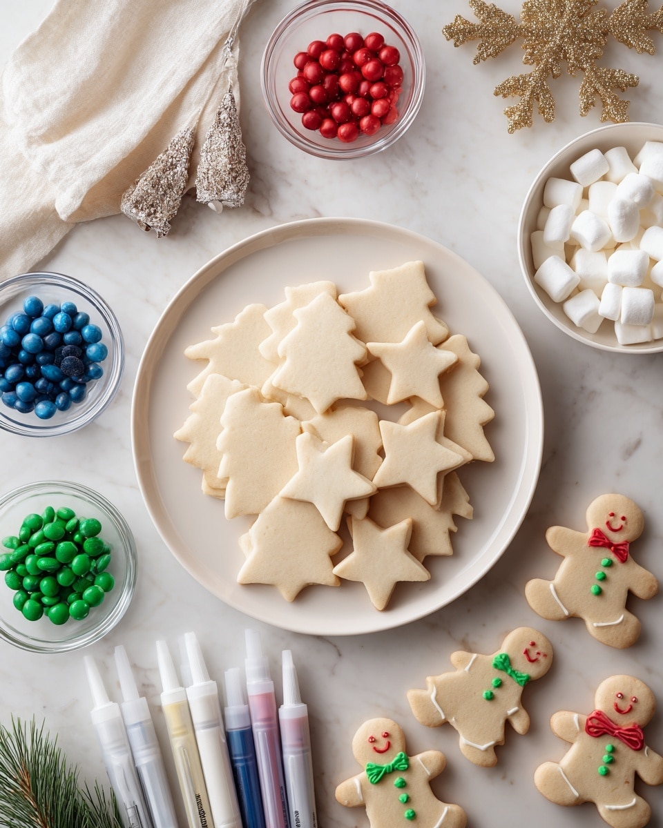 A white rustic plate filled with a single layer of plain light beige Christmas tree and star-shaped cookies sits in the center on a white marbled surface. Around the plate are small clear bowls with red, green, and blue candy pieces. There are also gingerbread man cookies with smiling faces decorated with white and green icing, positioned in two groups on the surface. Four icing bags in white, red, bright green, and dark blue colors are arranged around the plate. Small pine branches and white marshmallows in a bowl add festive touches, with a gold glitter snowflake in the top right corner. The scene is bright and simple, ready for cookie decorating. Photo taken with an iphone --ar 4:5 --v 7
