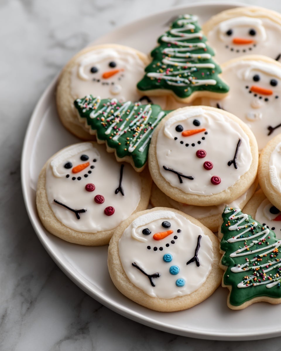 A white round plate holds a group of round sugar cookies decorated like snowmen and green Christmas trees. Each snowman cookie has a layer of smooth white icing covering the top, with two colored candy buttons—either blue, red, or green—placed in the center. Black icing forms stick arms, eyes, and a mouth, while a small white marshmallow is placed on top of each cookie as the snowman's head, decorated with black eyes and an orange carrot nose. The green Christmas tree cookies have a layer of bright green icing and white zigzag icing across them, topped with colorful sprinkles. The plate sits on a white marbled surface. Photo taken with an iphone --ar 4:5 --v 7