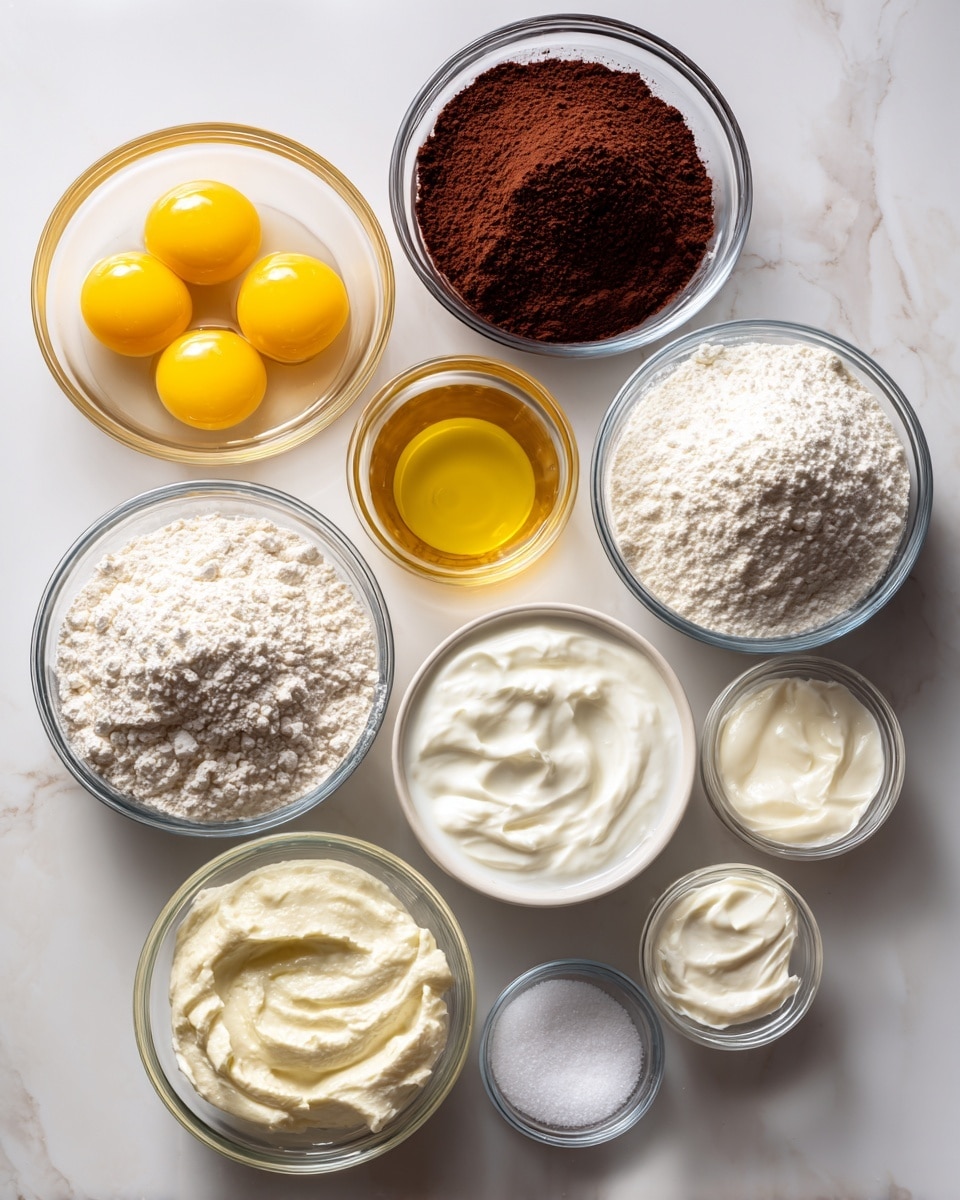 The image shows eleven clear glass bowls arranged loosely on a white marbled surface. Starting from top left, the first bowl contains three raw eggs with bright yellow yolks and translucent whites. To its right is a bowl filled with dark reddish-brown cocoa powder. Next to it on the right is a bowl with a white powder, likely baking soda or salt. Below the eggs is a bowl with a golden yellow liquid, possibly melted butter or oil. Below the cocoa powder is a large bowl filled with white flour. To its right is a large bowl full of white milk. Below the golden liquid is a bowl with a thick white creamy substance, maybe yogurt or sour cream. Toward the bottom right, smaller bowls contain other white or clear ingredients, which include additional cream or yogurt, sugar, and a small bowl of salt. The composition shows clear and distinct layers with soft and powdery textures, liquid and creamy textures, all placed flat on the surface. Photo taken with an iphone --ar 4:5 --v 7