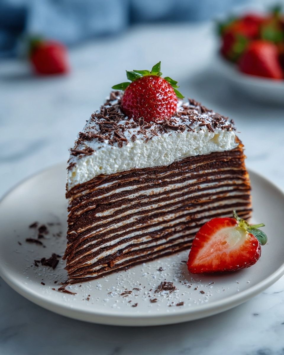 A close-up of a tall square slice of layered dessert with about 10 thin folds of light brown crepe and white cream alternating vertically. The outside is covered in white cream with small chocolate shavings scattered on top. A halved strawberry with a green leaf rests on top of the dessert, with more halved strawberries placed around it on a white plate. The background shows a smooth white marbled surface with out-of-focus red strawberries. photo taken with an iphone --ar 4:5 --v 7
