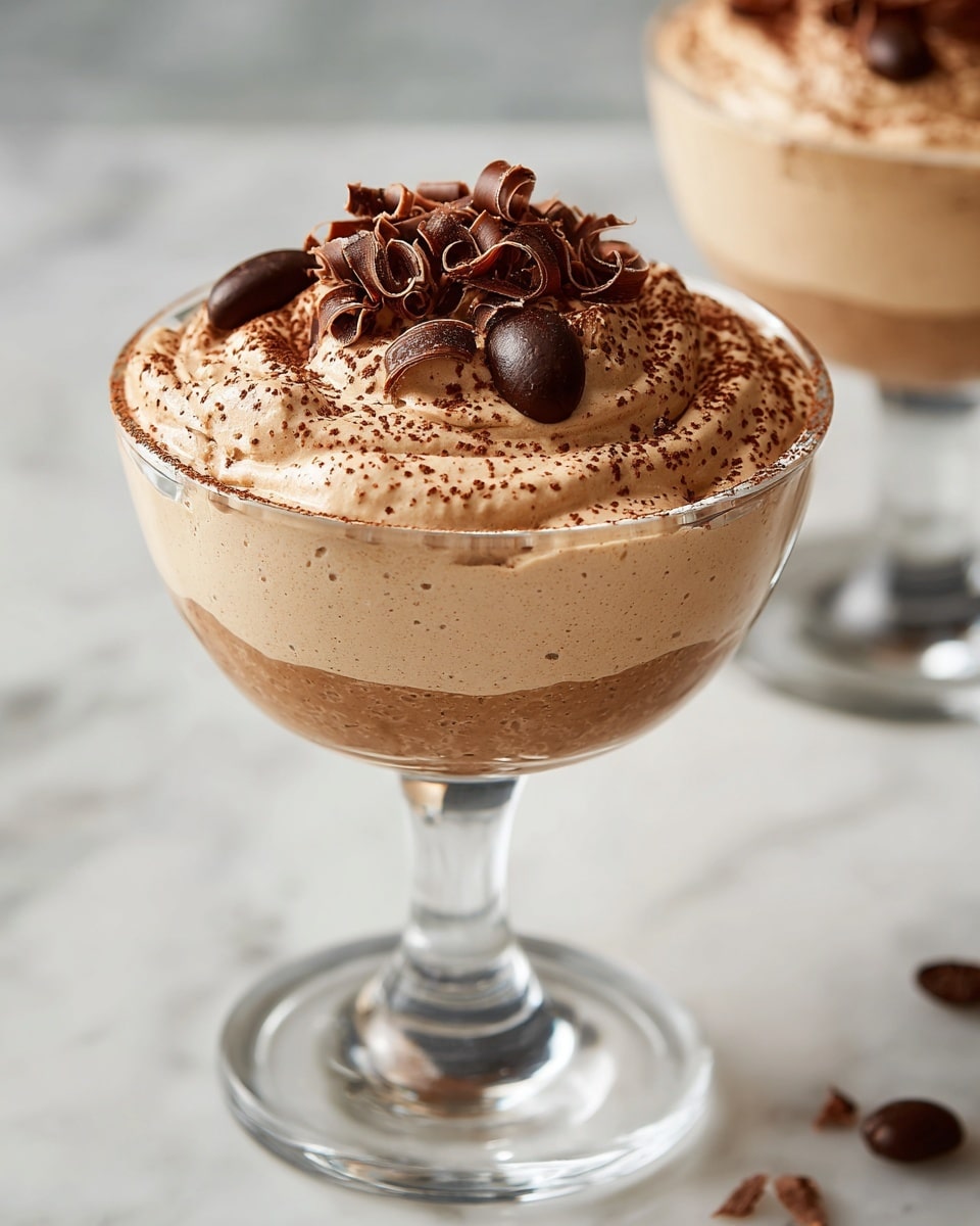 A dessert served in a clear glass with three layers is shown. The bottom layer is creamy light brown with a smooth texture. The top layer is topped with two different decorations: one half sprinkled with dark brown cocoa powder, where two coffee beans rest, and the other half covered with small light brown chocolate curls. The glass sits on a white marbled surface, with some coffee beans scattered around. Photo taken with an iphone --ar 4:5 --v 7